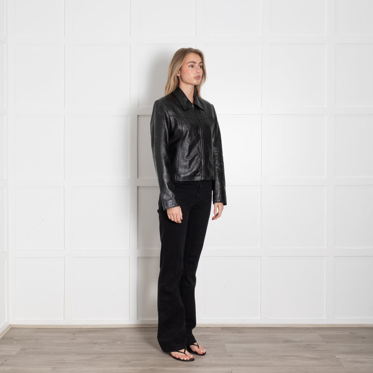Worn Vintage Short Black Leather Jacket