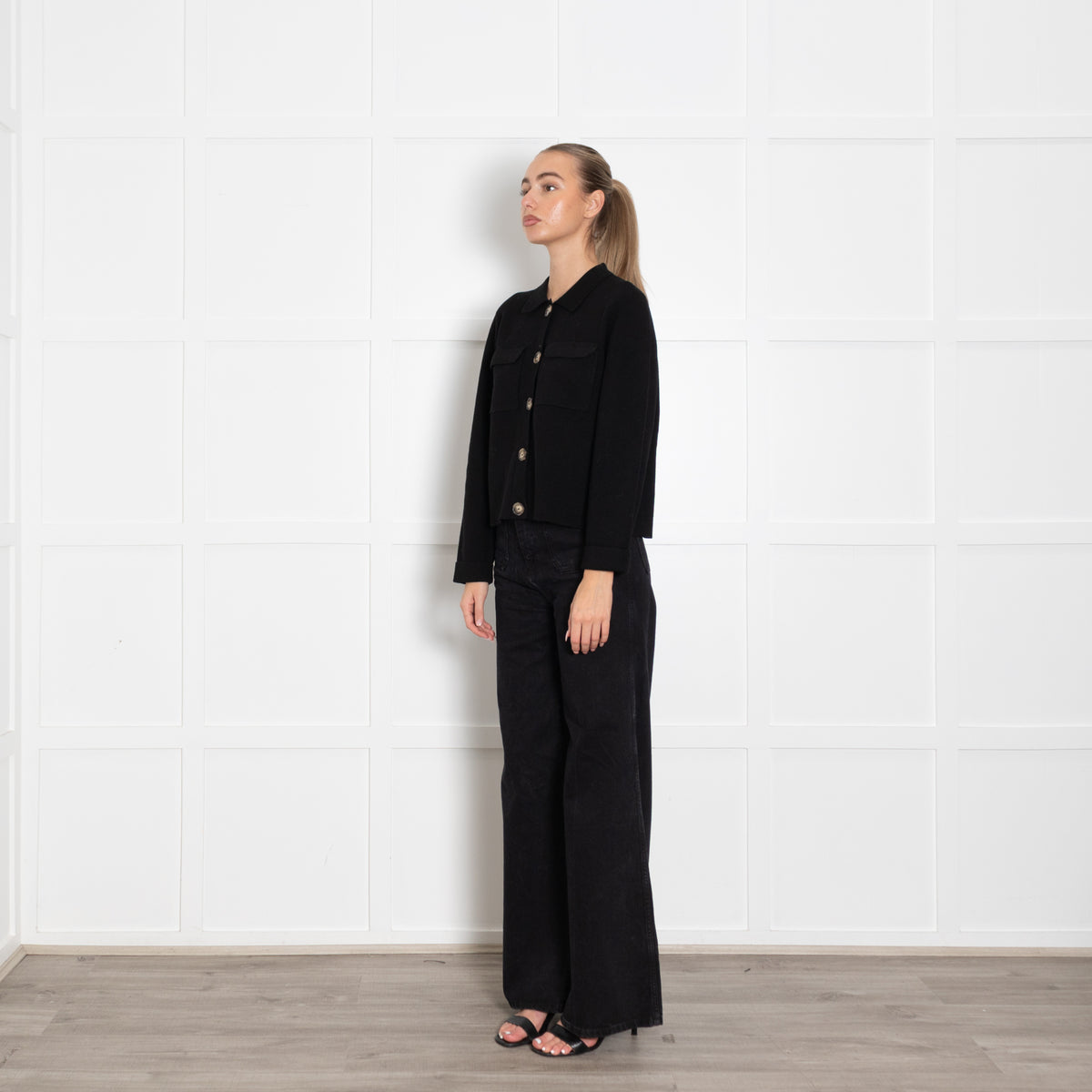 La Maille Sezane Black Knit Button Up Jacket