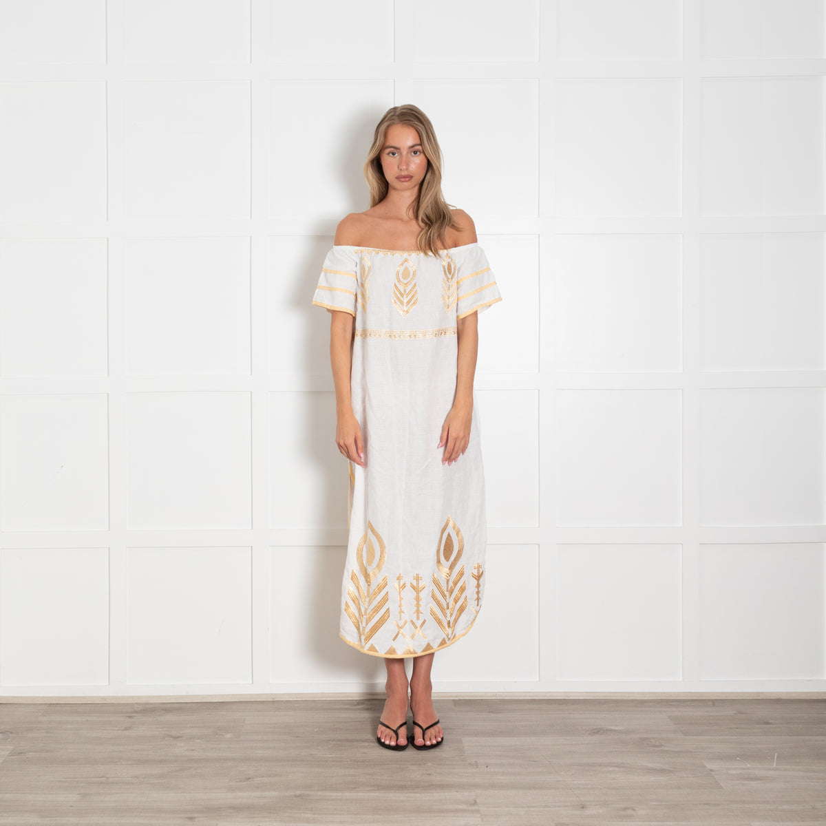 Greek Archaic Kori White Gold Embroidered Short Sleeve Linen Dress