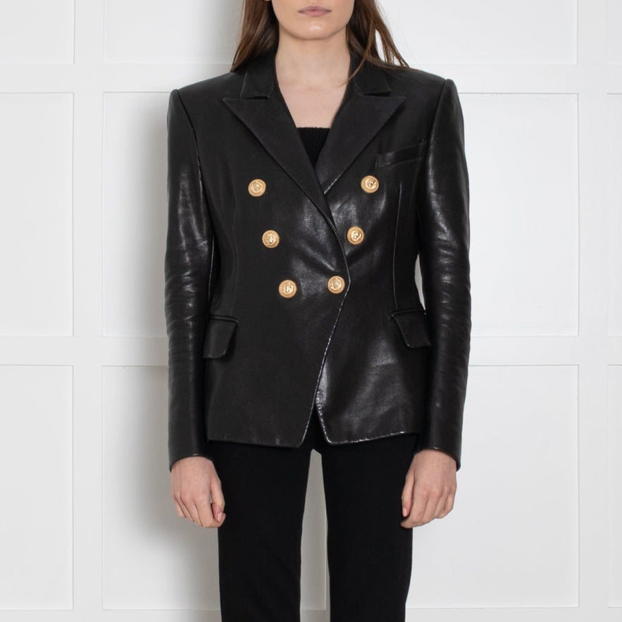 Balmain Black Leather Double Breasted Blazer