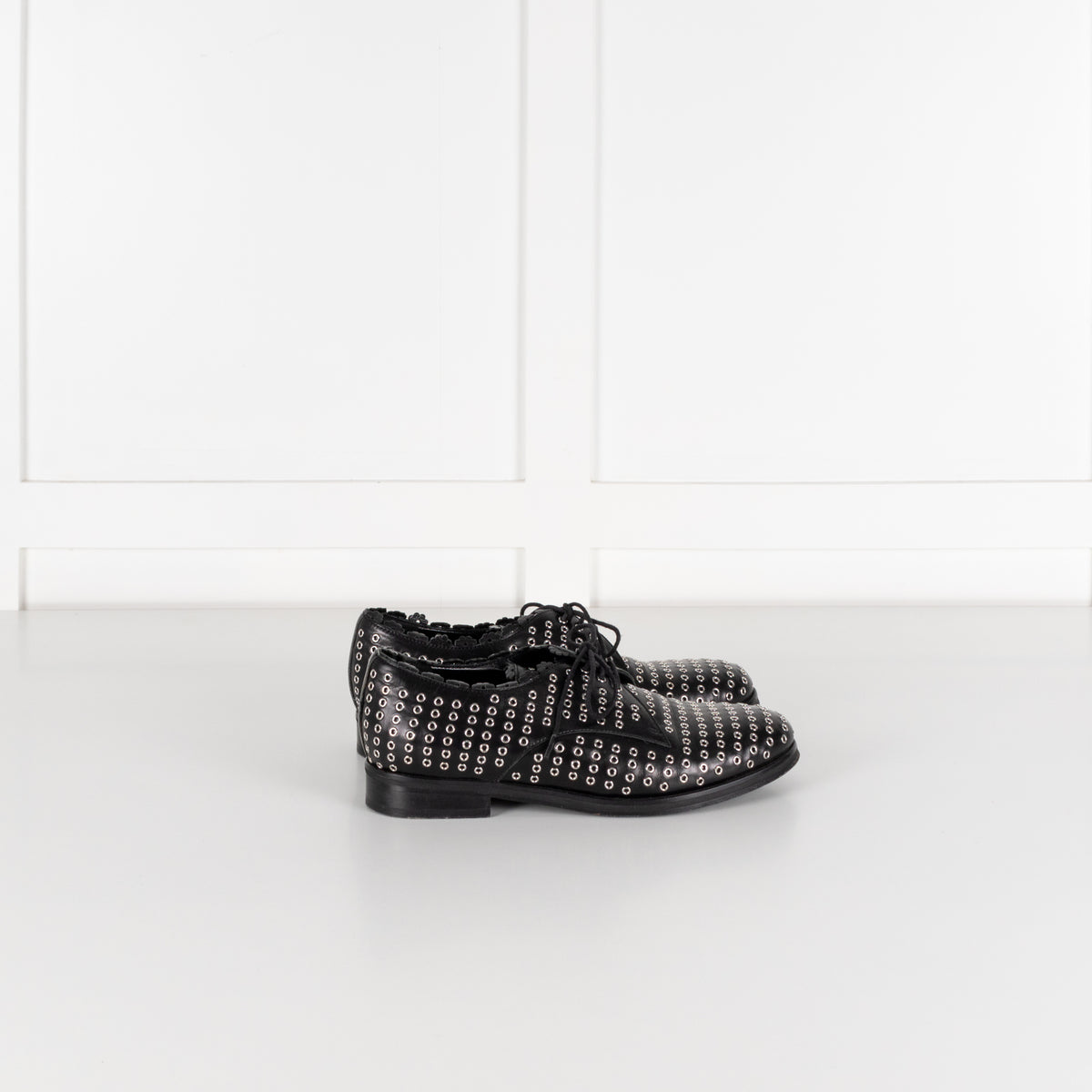 Alaia Black Leather Silver Eyelet Lace Up Shoes