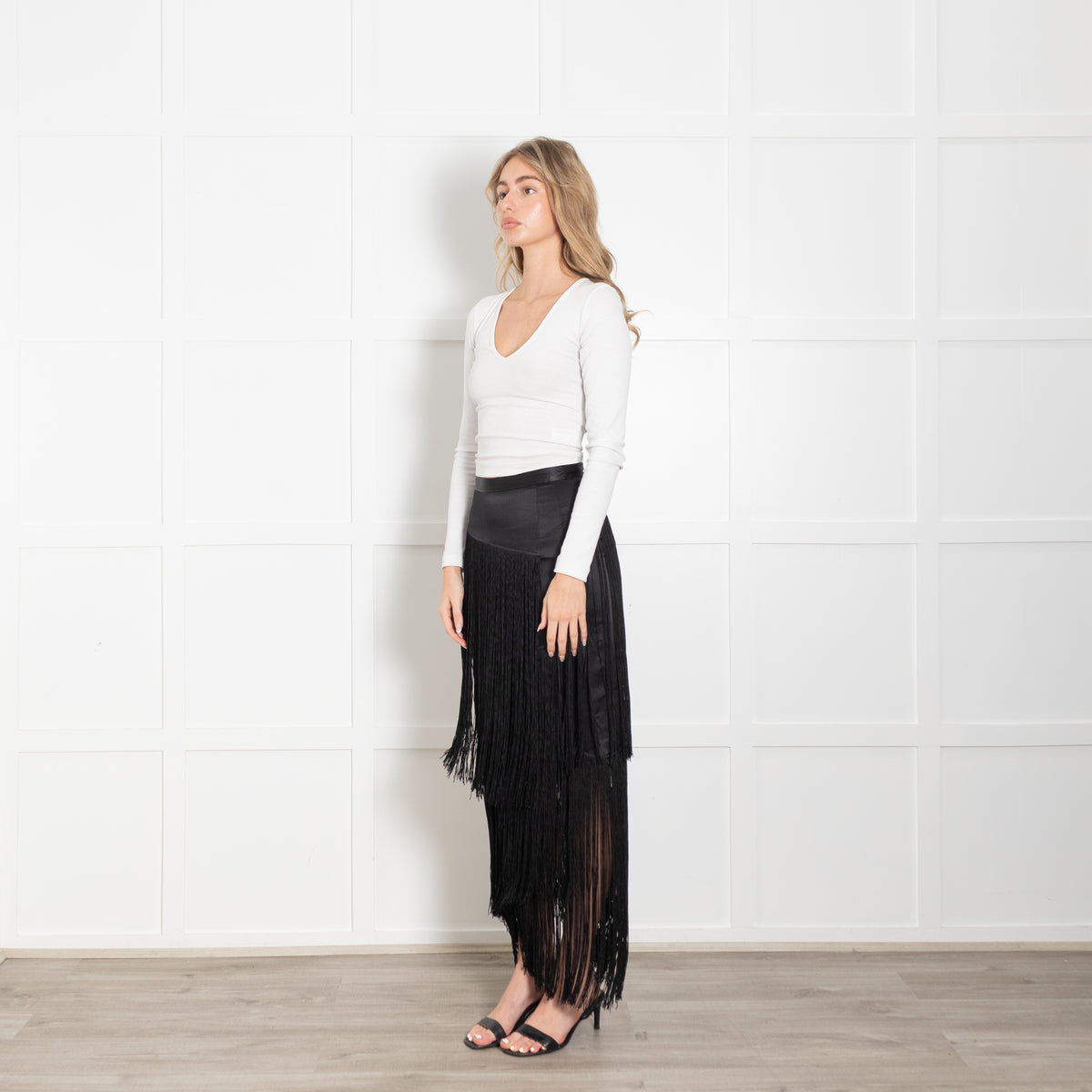 Tamara Mellon Black Silk Fringed Skirt