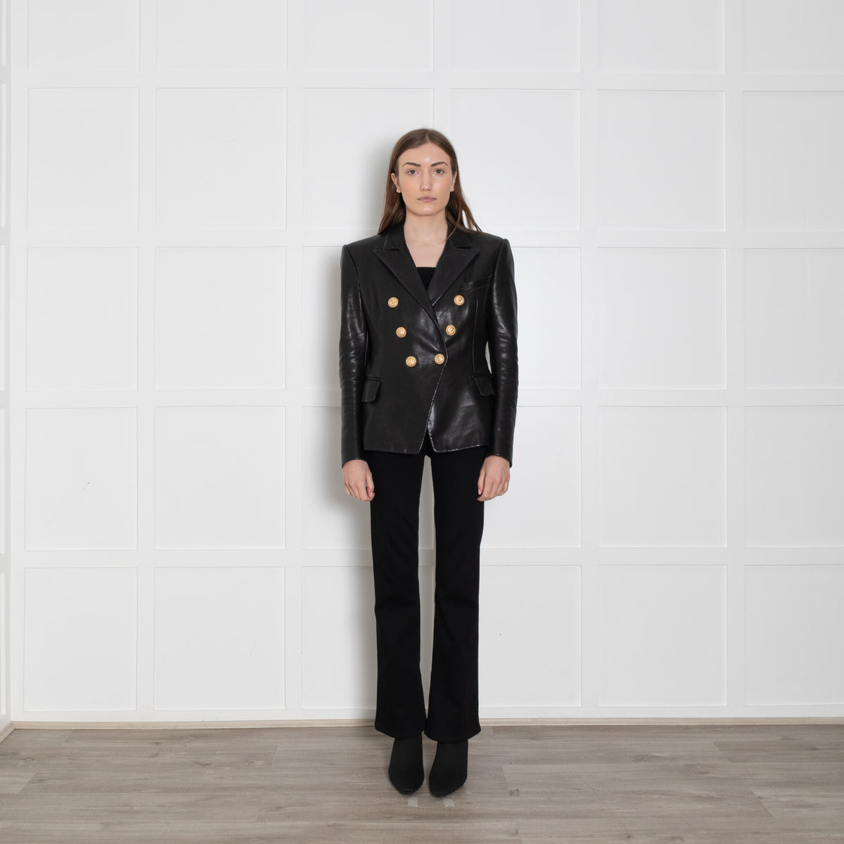 Balmain Black Leather Double Breasted Blazer