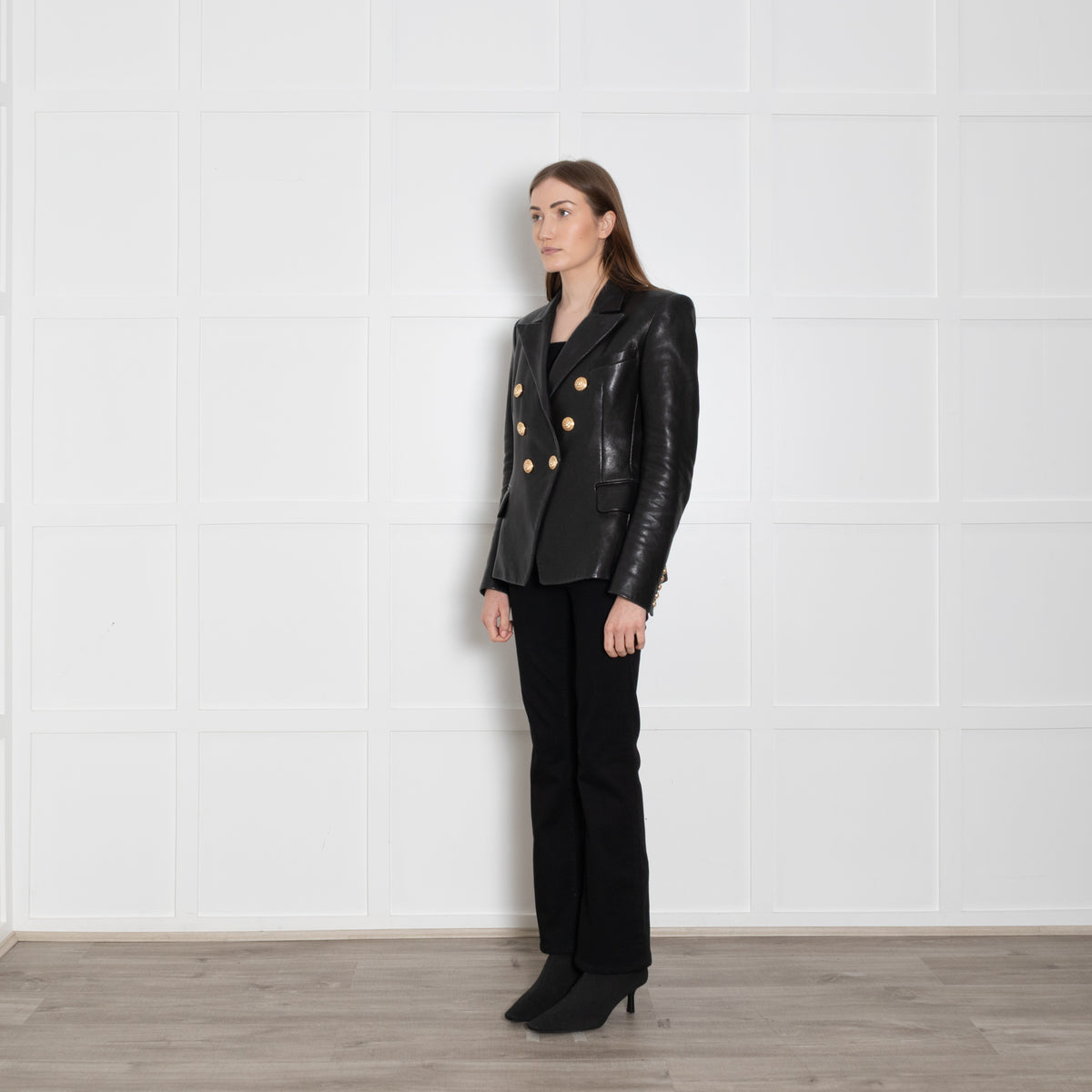 Balmain Black Leather Double Breasted Blazer