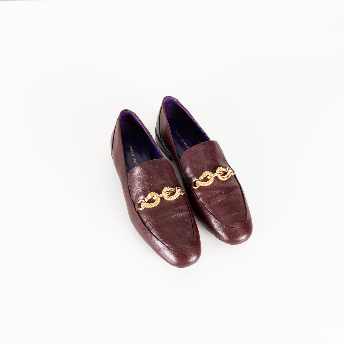 Tory Burch Burgundy Gold Horse Head Motif Loafers
