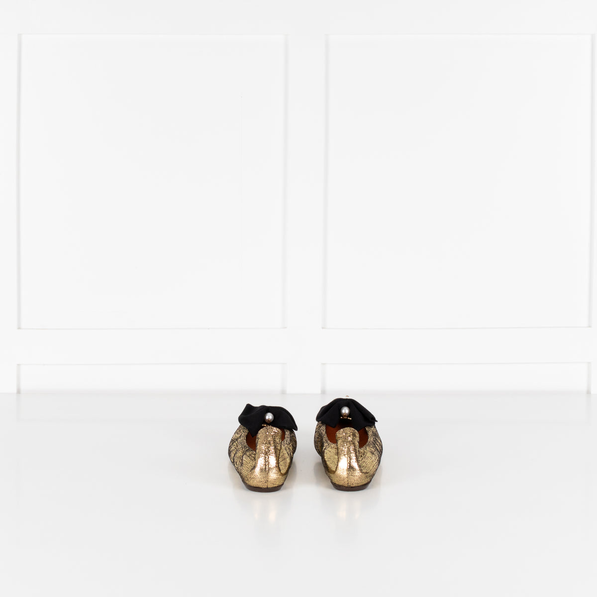 Lanvin Gold Faux Pearl Bow Flat Pumps
