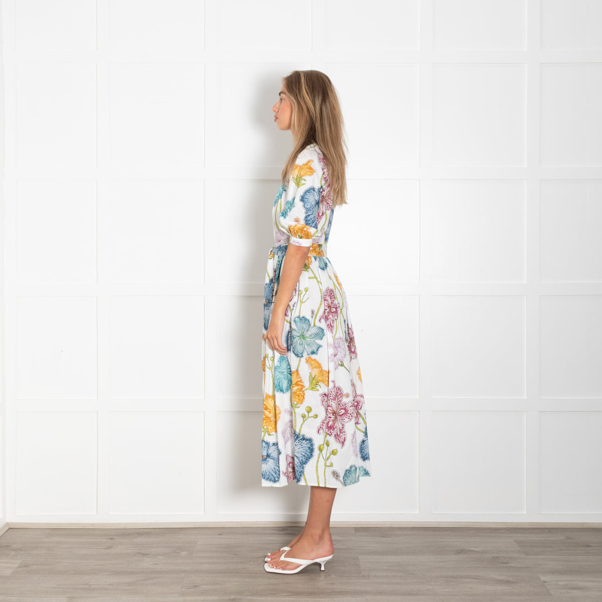 Hayley Menzies White Blue Green Yellow Gold Daisy Button Belted Maxi Dress