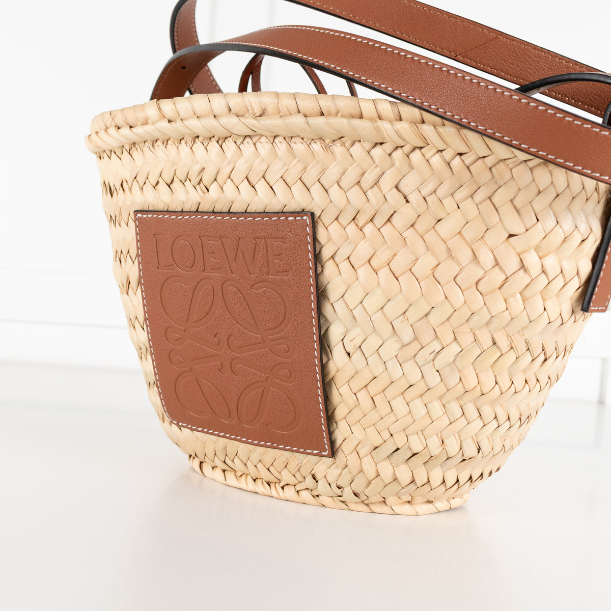 Loewe Beige Palm Leaf + Calfskin Leather Drawstring Bucket Bag