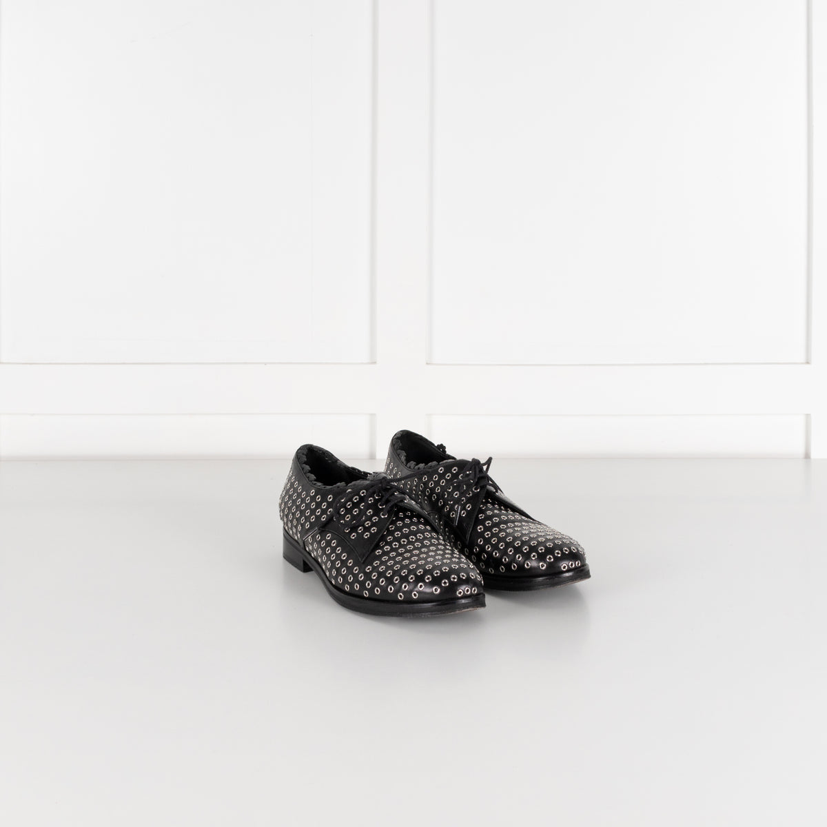 Alaia Black Leather Silver Eyelet Lace Up Shoes