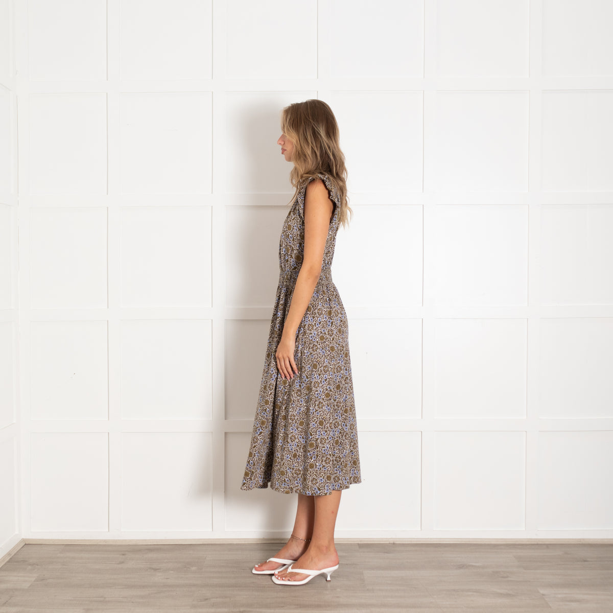 Me + Em Khaki And Purple Floral Print Dress