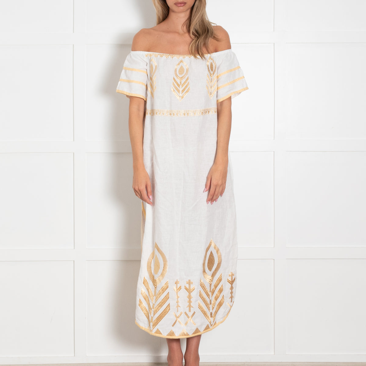 Greek Archaic Kori White Gold Embroidered Short Sleeve Linen Dress