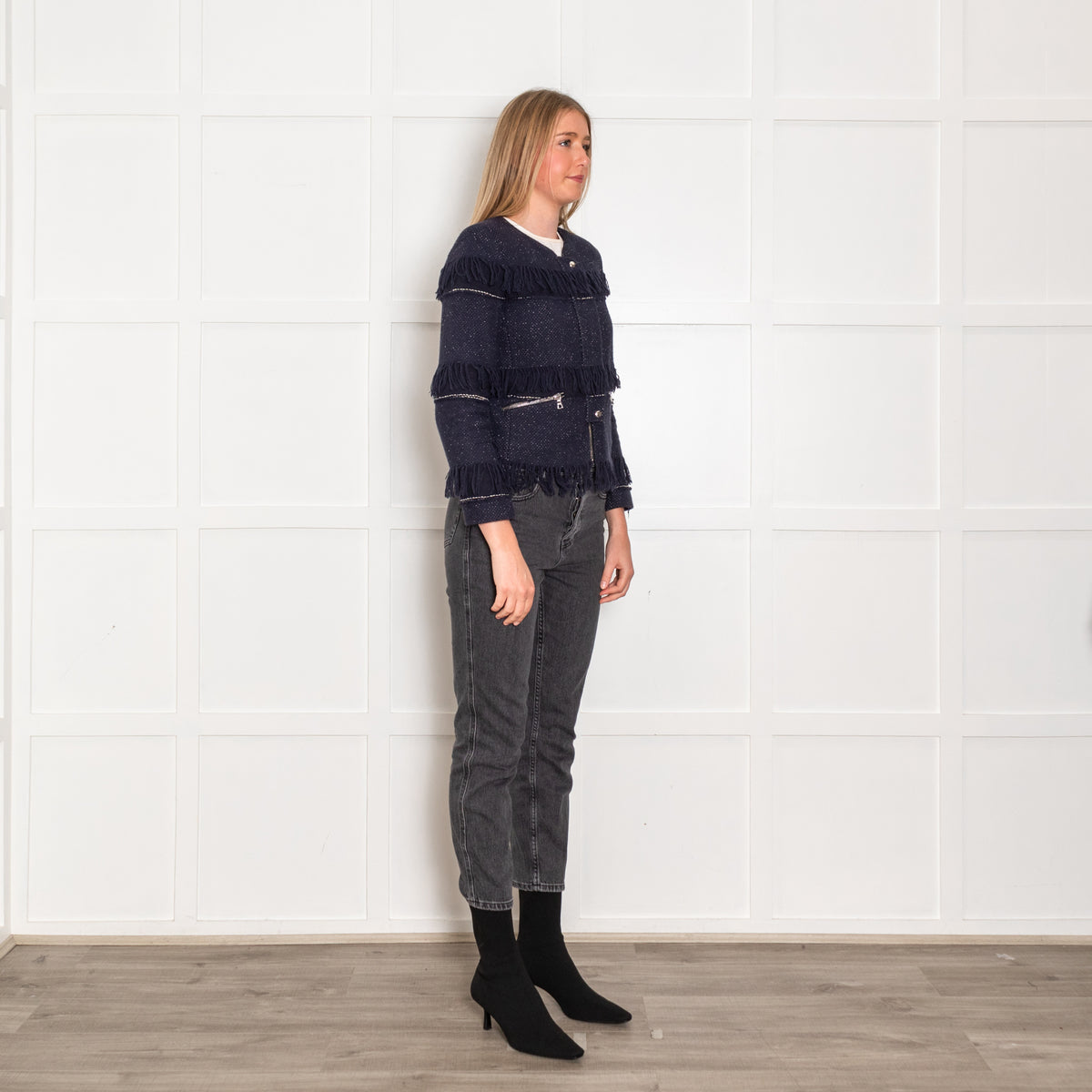 Sandro Navy Blue Fleck Fringed Trim Jacket