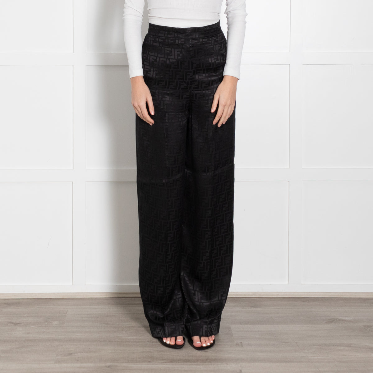 Fendi Black Silk Self Logo Wide Leg Trousers