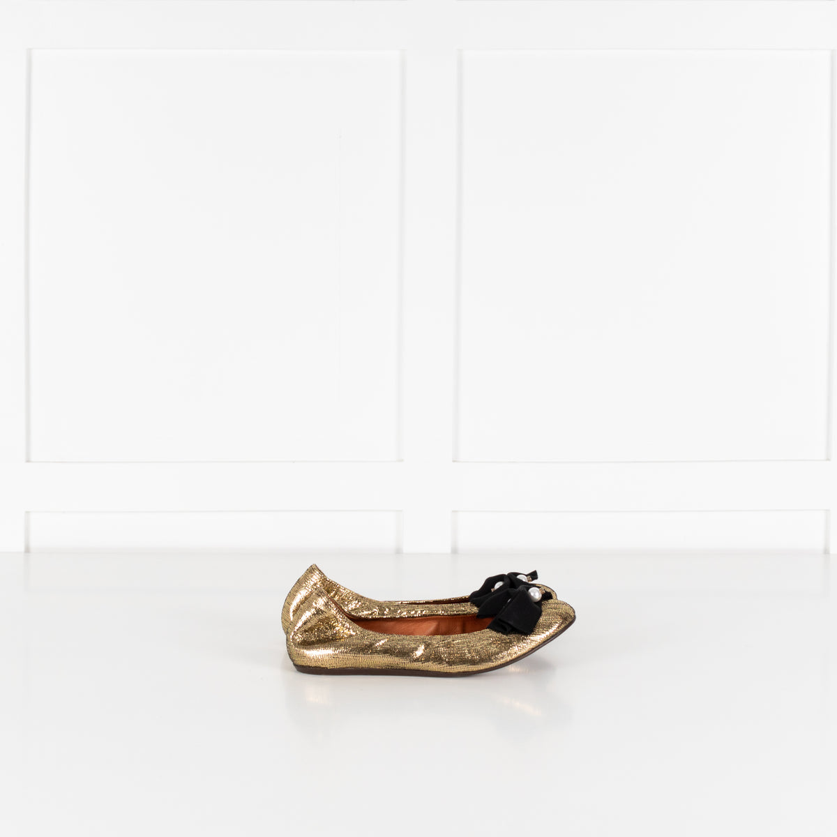 Lanvin Gold Faux Pearl Bow Flat Pumps