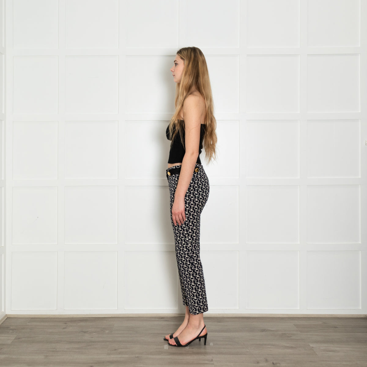 Prada Navy White Print Gold Button Wool Blend Trousers