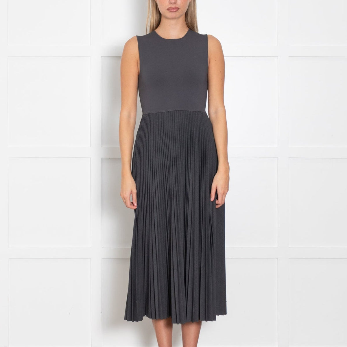 Theory Grey Pleated Detail Sleeveless Dress