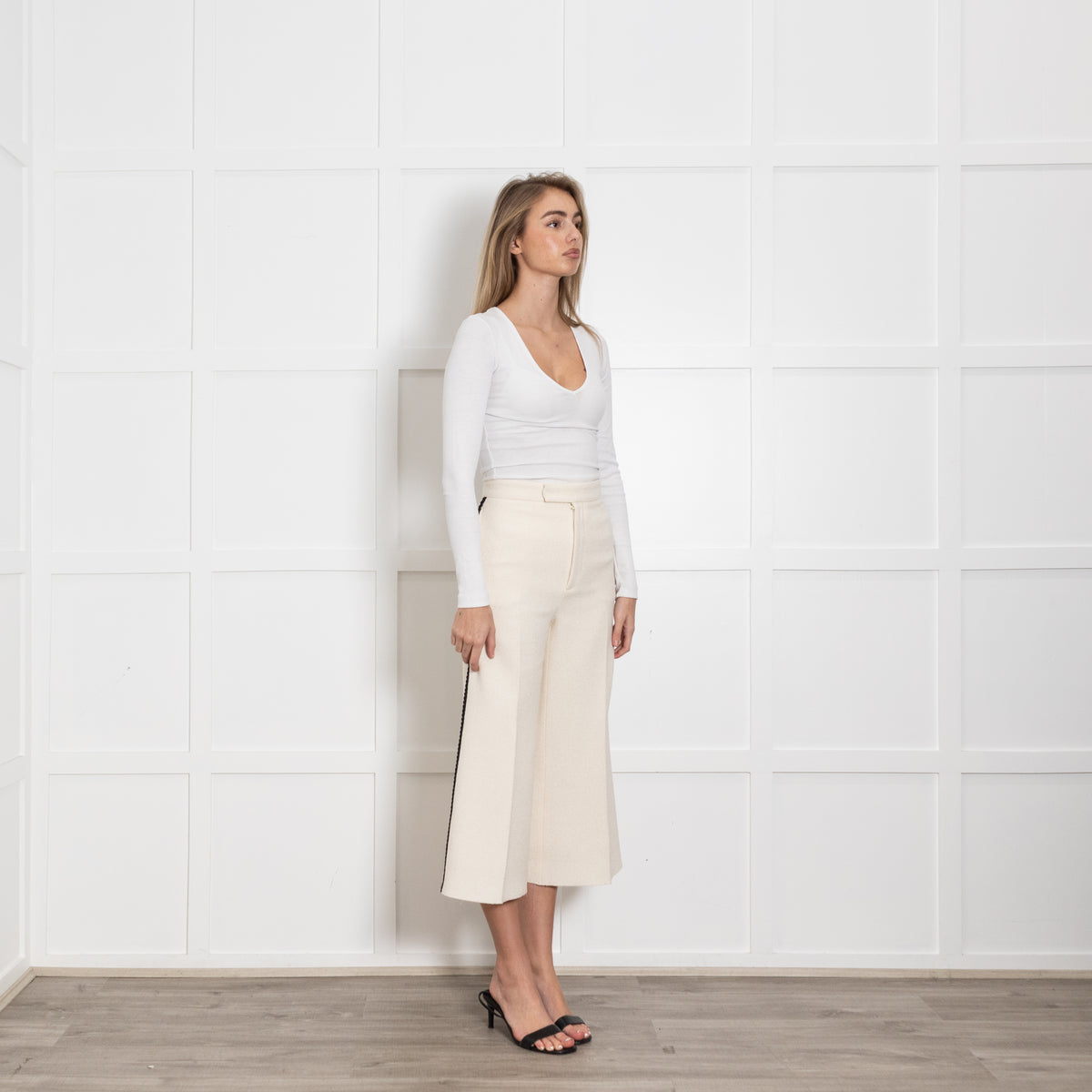 Gucci Cream Boucle Wide Leg Trousers With Black Braid And Logo Back Pocket