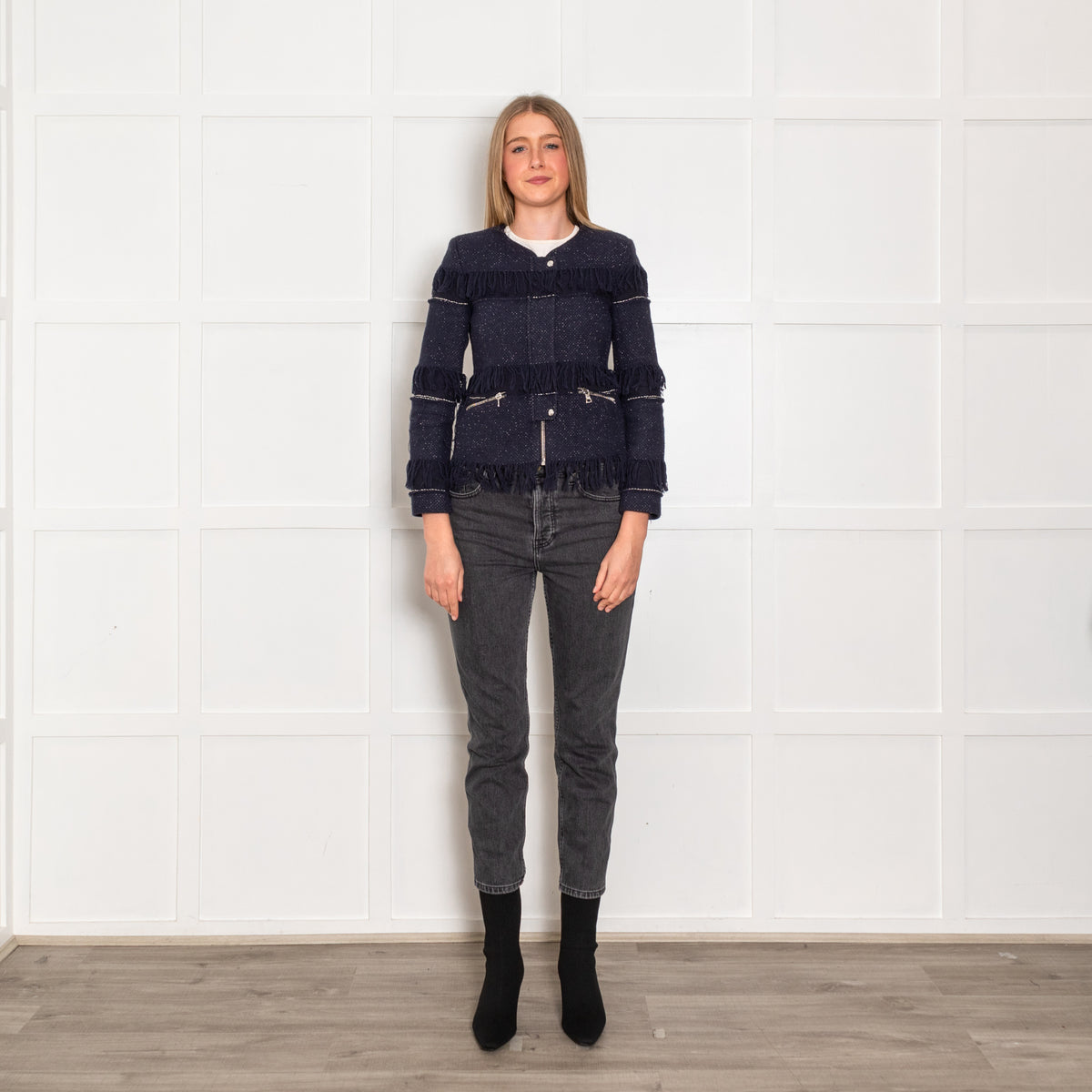 Sandro Navy Blue Fleck Fringed Trim Jacket