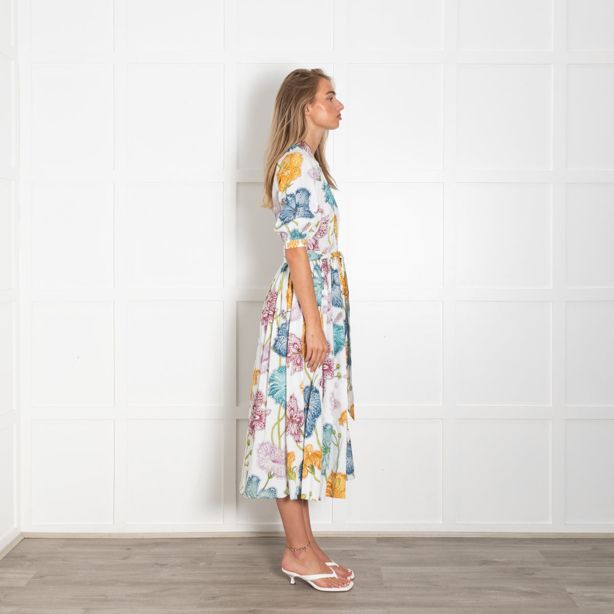 Hayley Menzies White Blue Green Yellow Gold Daisy Button Belted Maxi Dress
