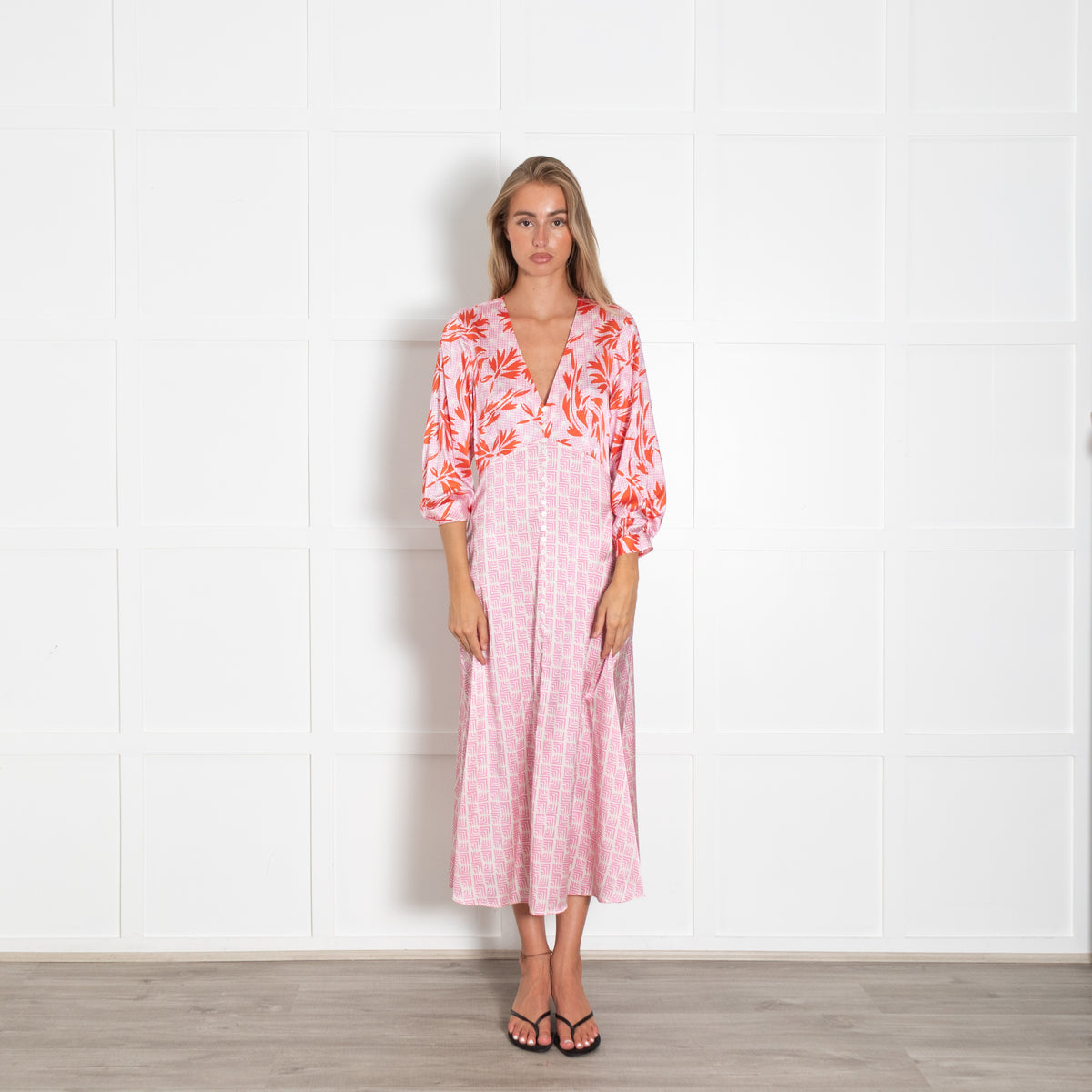 Jessica Russell Flint Pink Multi Print Button Front Silk V Neck Maxi Dress