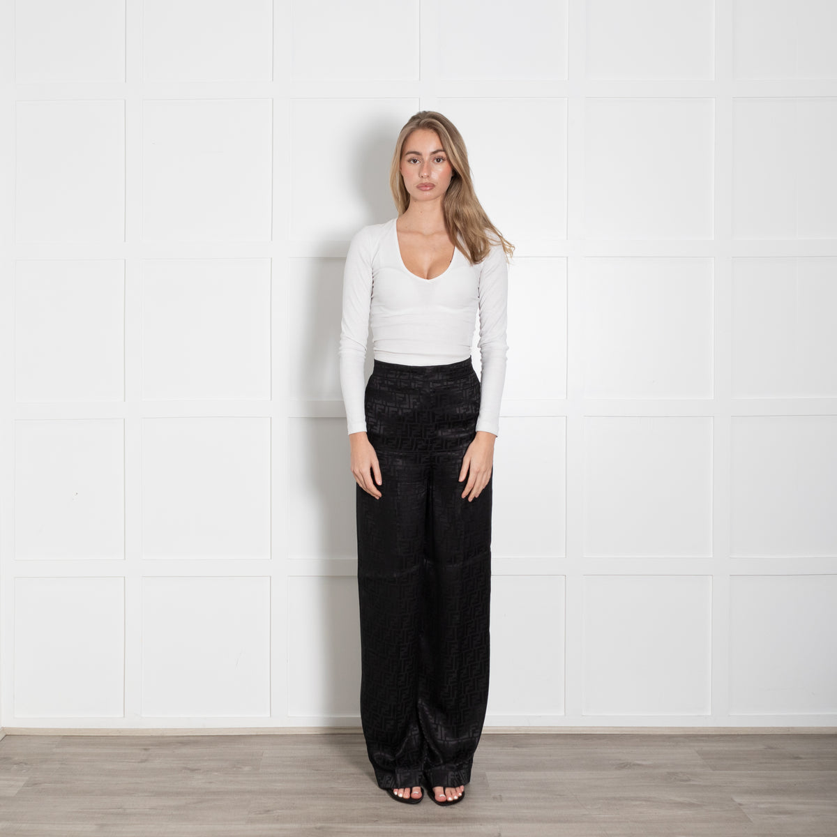 Fendi Black Silk Self Logo Wide Leg Trousers