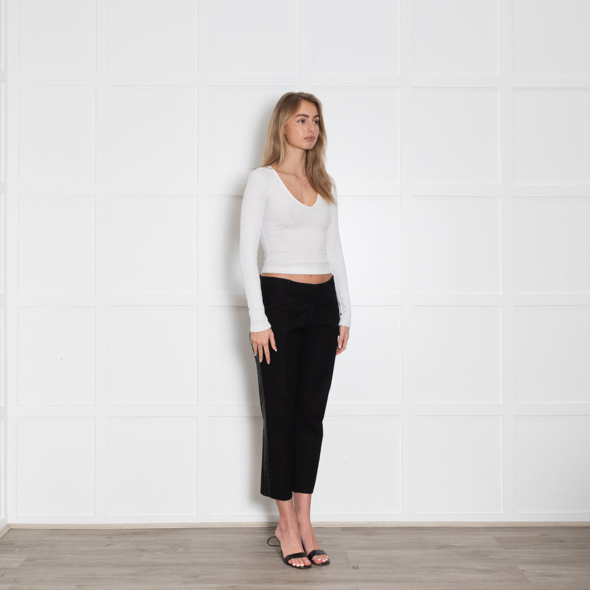 Joseph Black Crop Straight Trouser With Leather Side Stripe