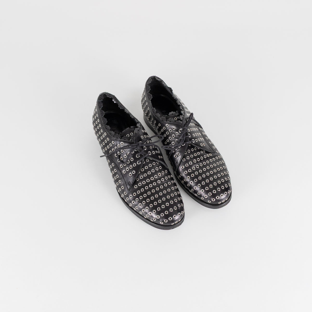 Alaia Black Leather Silver Eyelet Lace Up Shoes