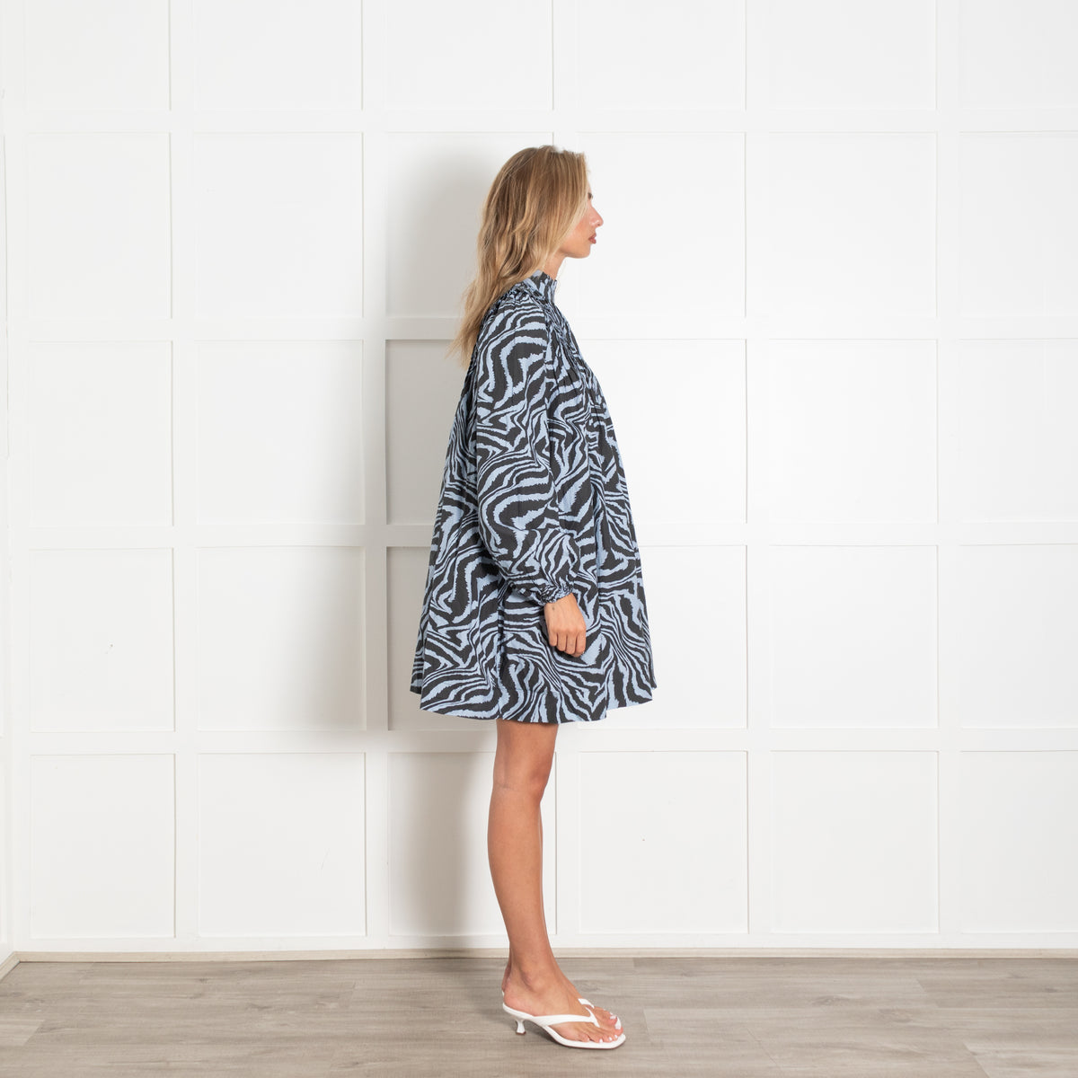 Ganni Foreever Blue Black Zebra Print Pintucked Cotton Smock Dress With High Neck