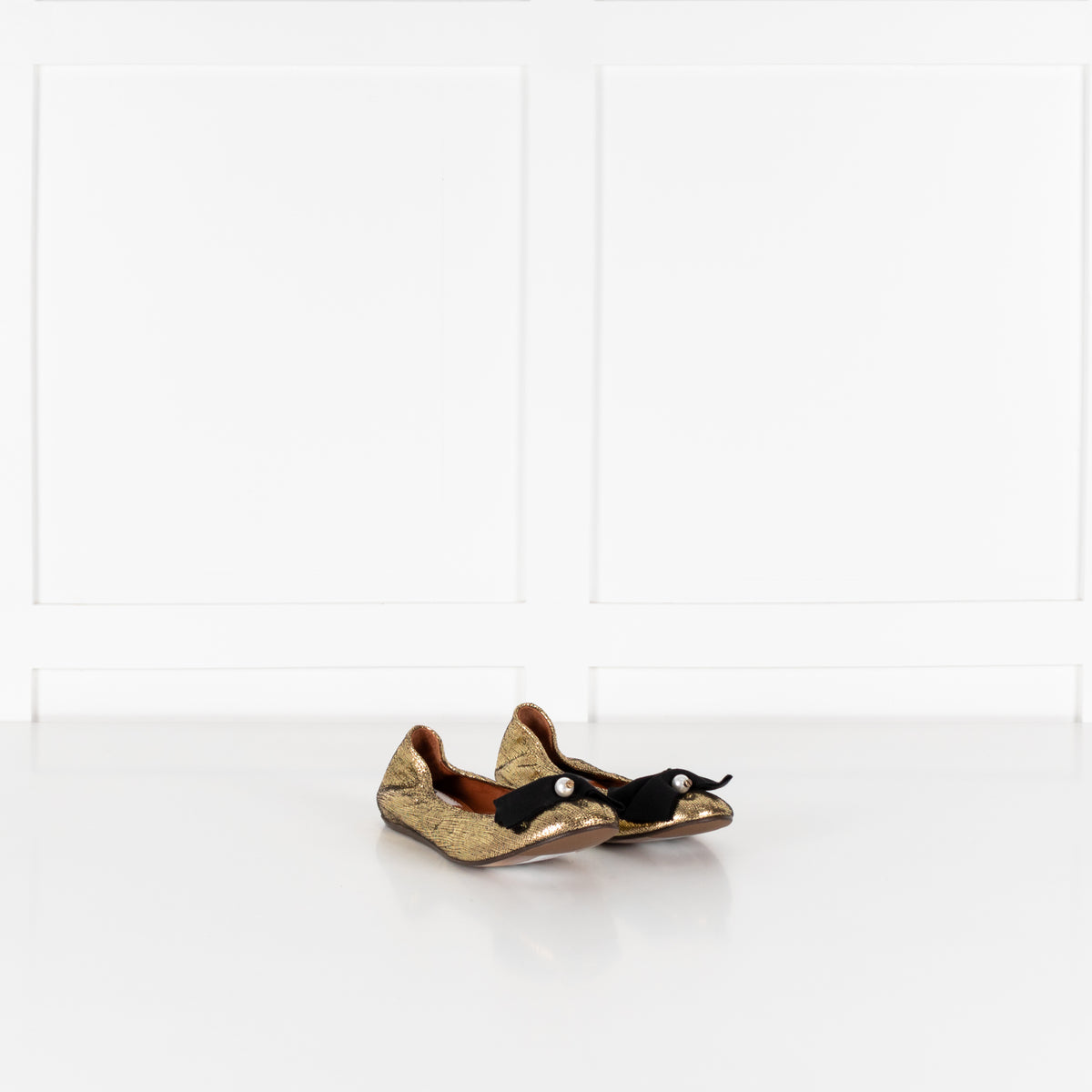 Lanvin Gold Faux Pearl Bow Flat Pumps