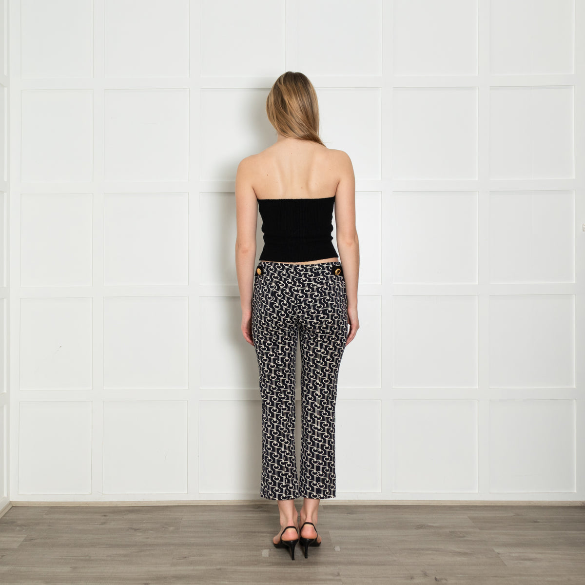 Prada Navy White Print Gold Button Wool Blend Trousers