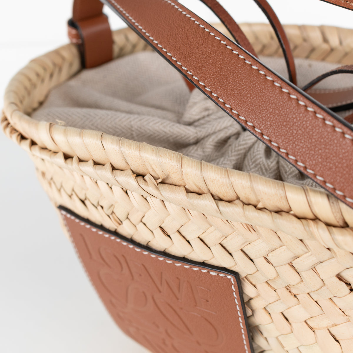 Loewe Beige Palm Leaf + Calfskin Leather Drawstring Bucket Bag