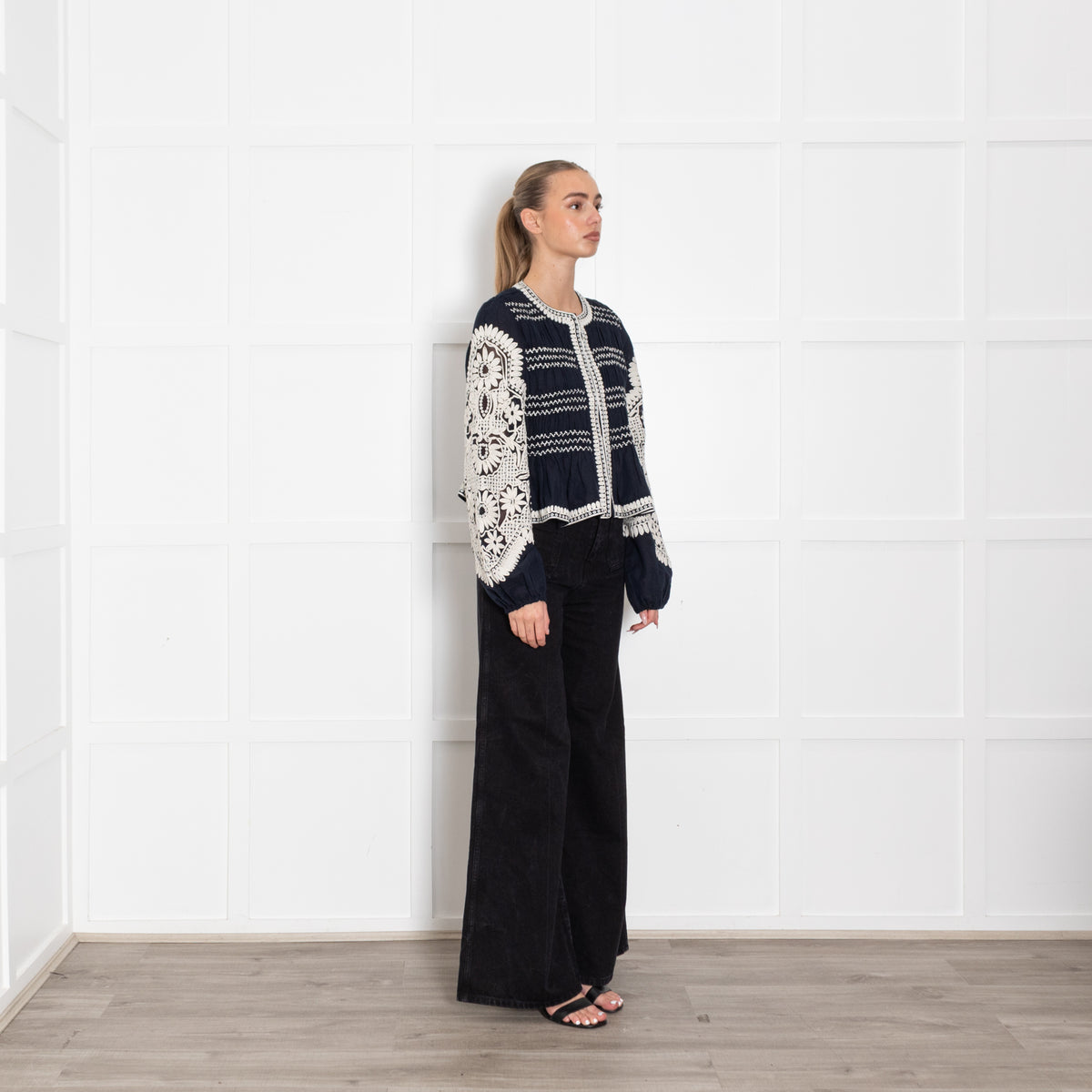 Veronica Beard Dorian Navy And White Embroidered Linen Blend Jacket