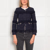 Sandro Navy Blue Fleck Fringed Trim Jacket