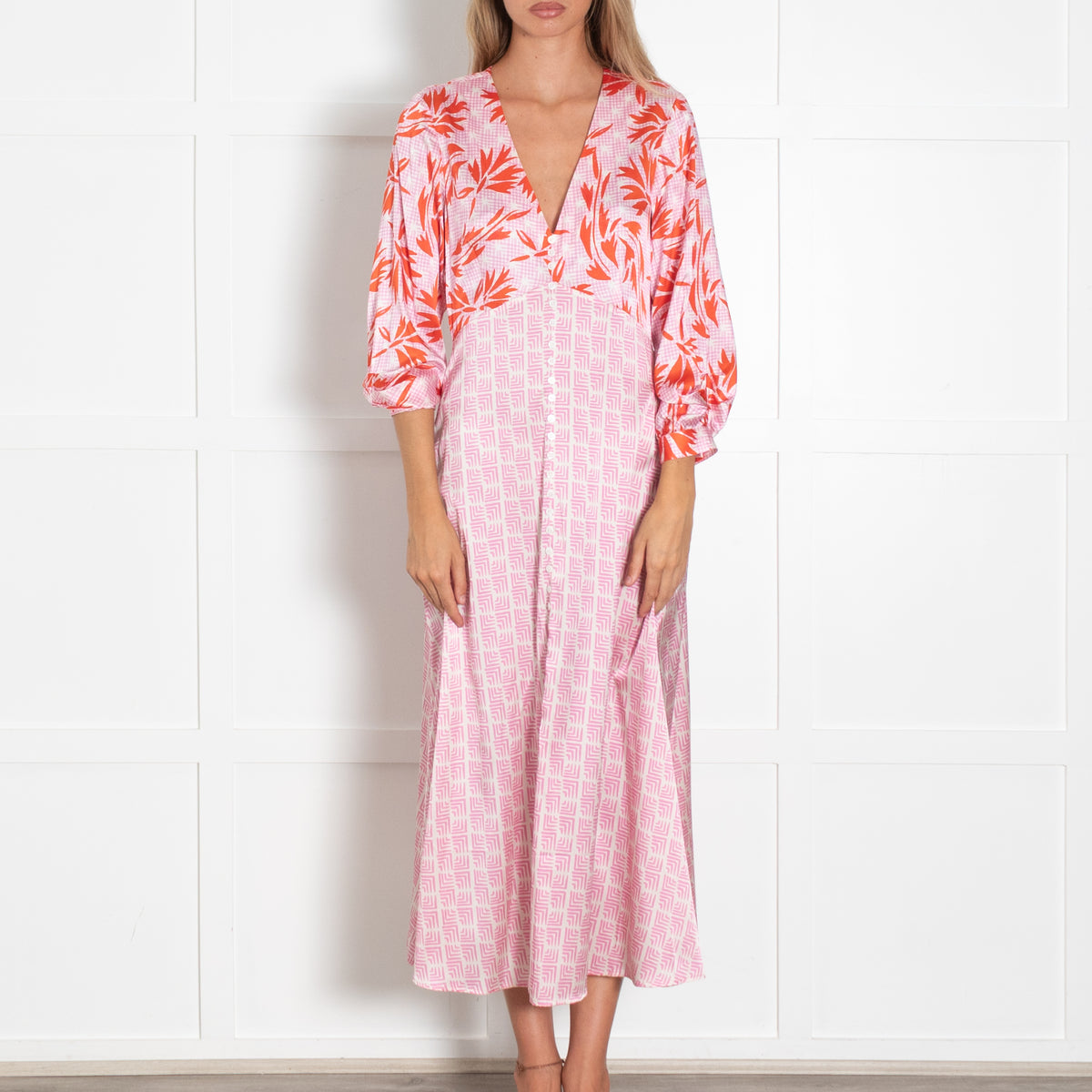 Jessica Russell Flint Pink Multi Print Button Front Silk V Neck Maxi Dress