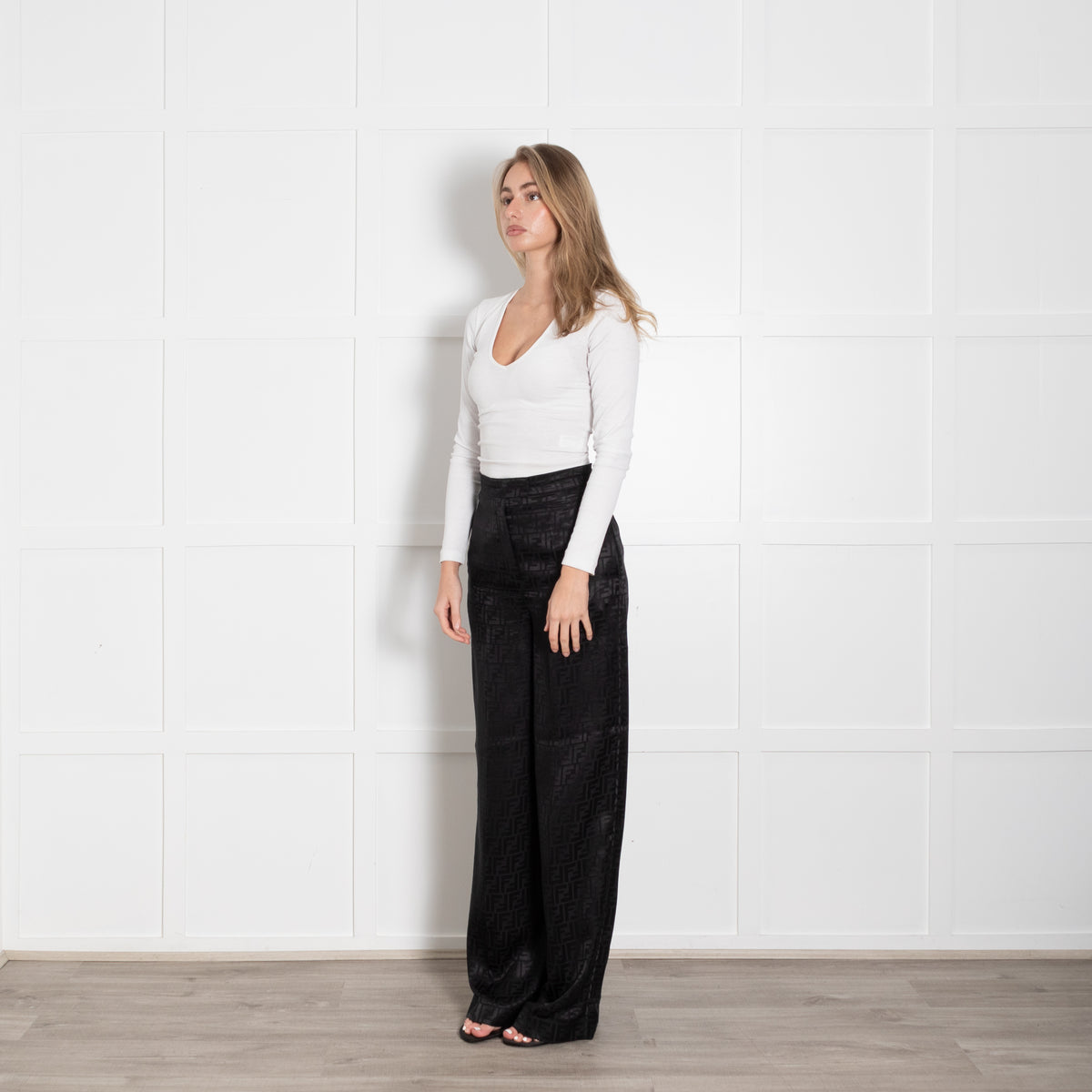 Fendi Black Silk Self Logo Wide Leg Trousers