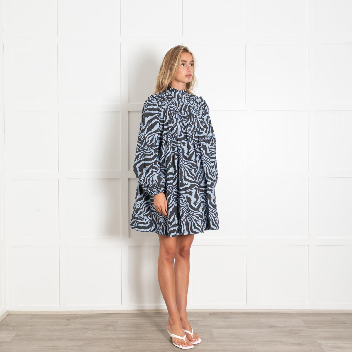 Ganni Foreever Blue Black Zebra Print Pintucked Cotton Smock Dress With High Neck