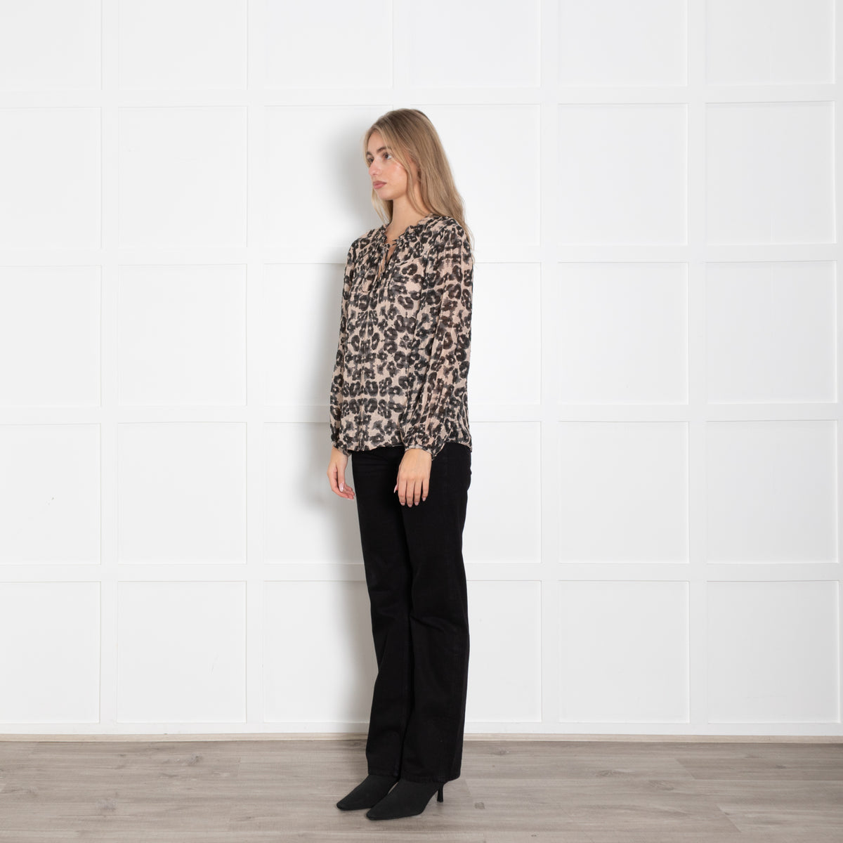 Rebecca Taylor Beige Black Animal Print Long Sleeve Top With Vest