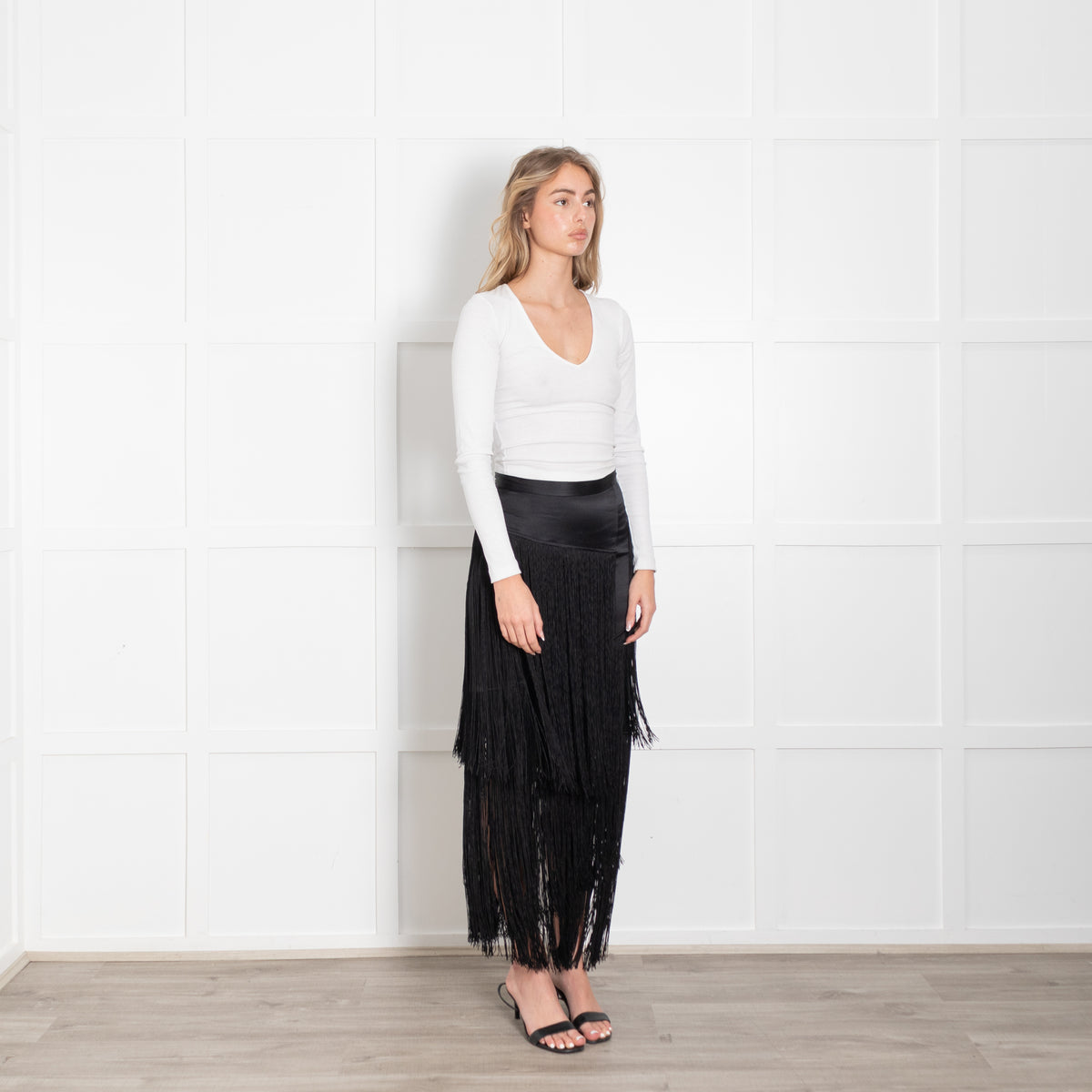 Tamara Mellon Black Silk Fringed Skirt