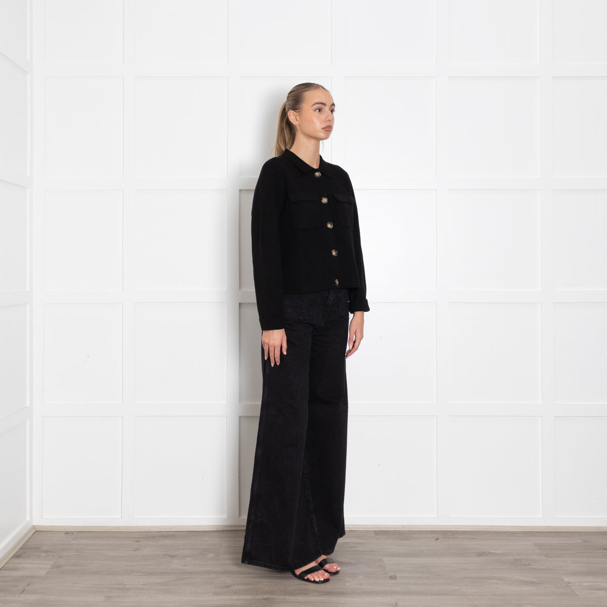 La Maille Sezane Black Knit Button Up Jacket