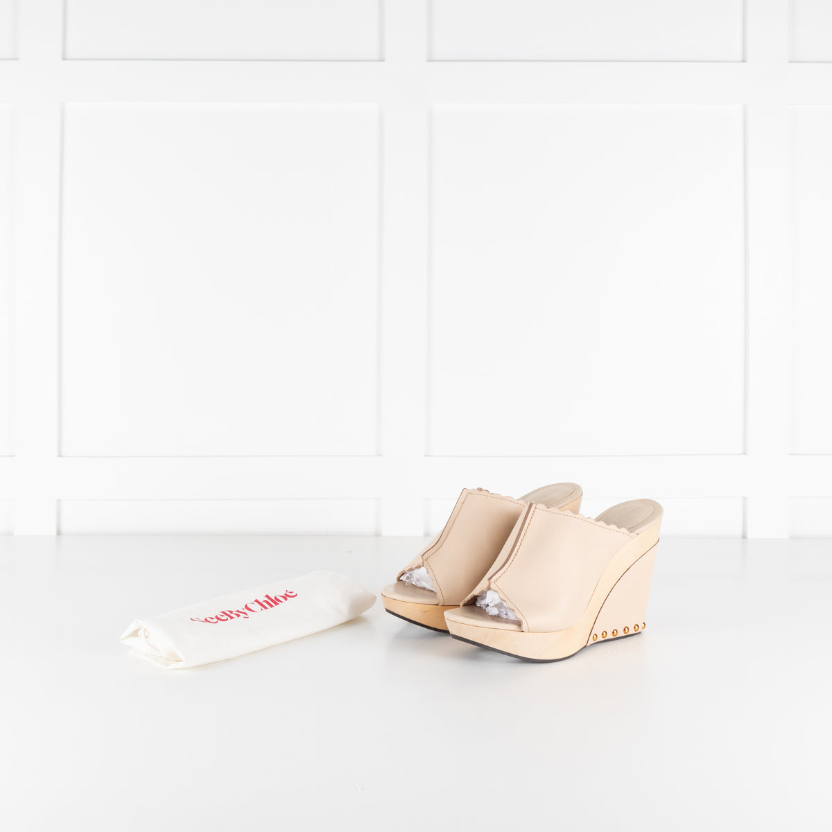 See by Chloé Nude Leather Wedges with Gold Studs