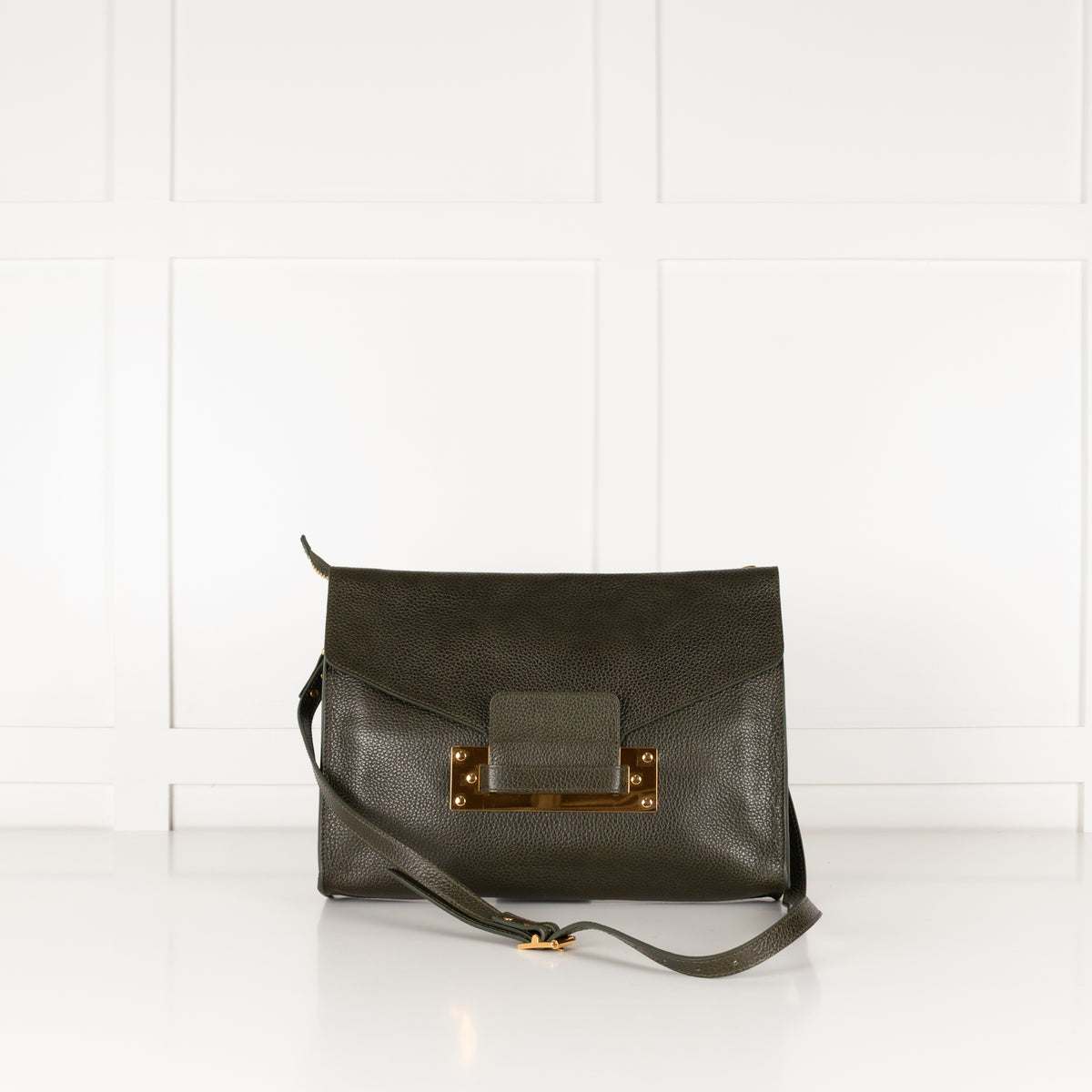 Sophie Hulme Khaki Green Leather Envelope Bag