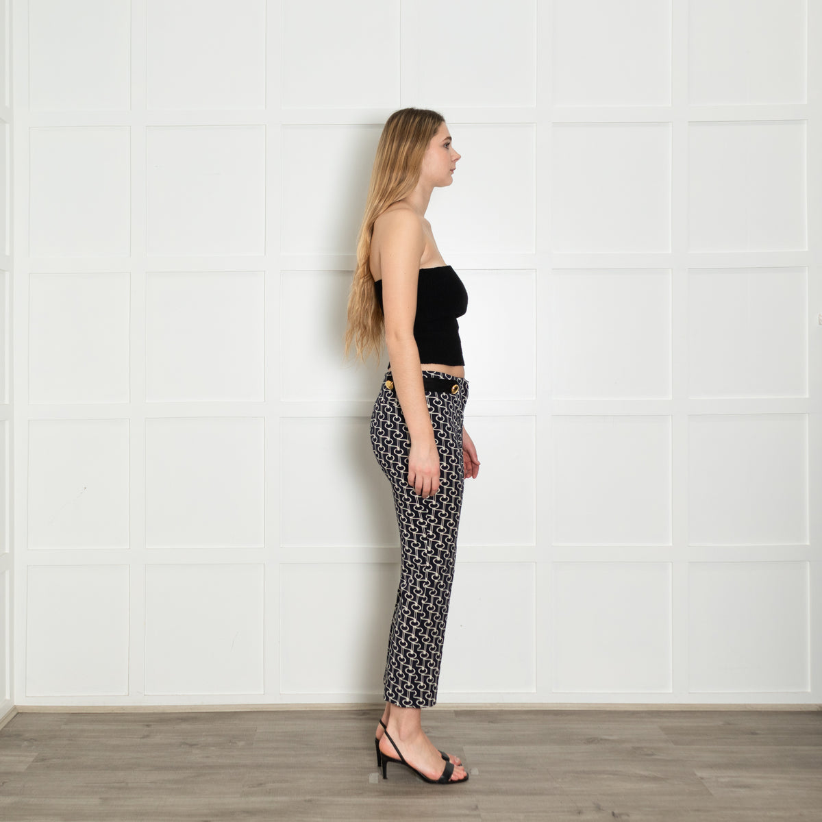 Prada Navy White Print Gold Button Wool Blend Trousers