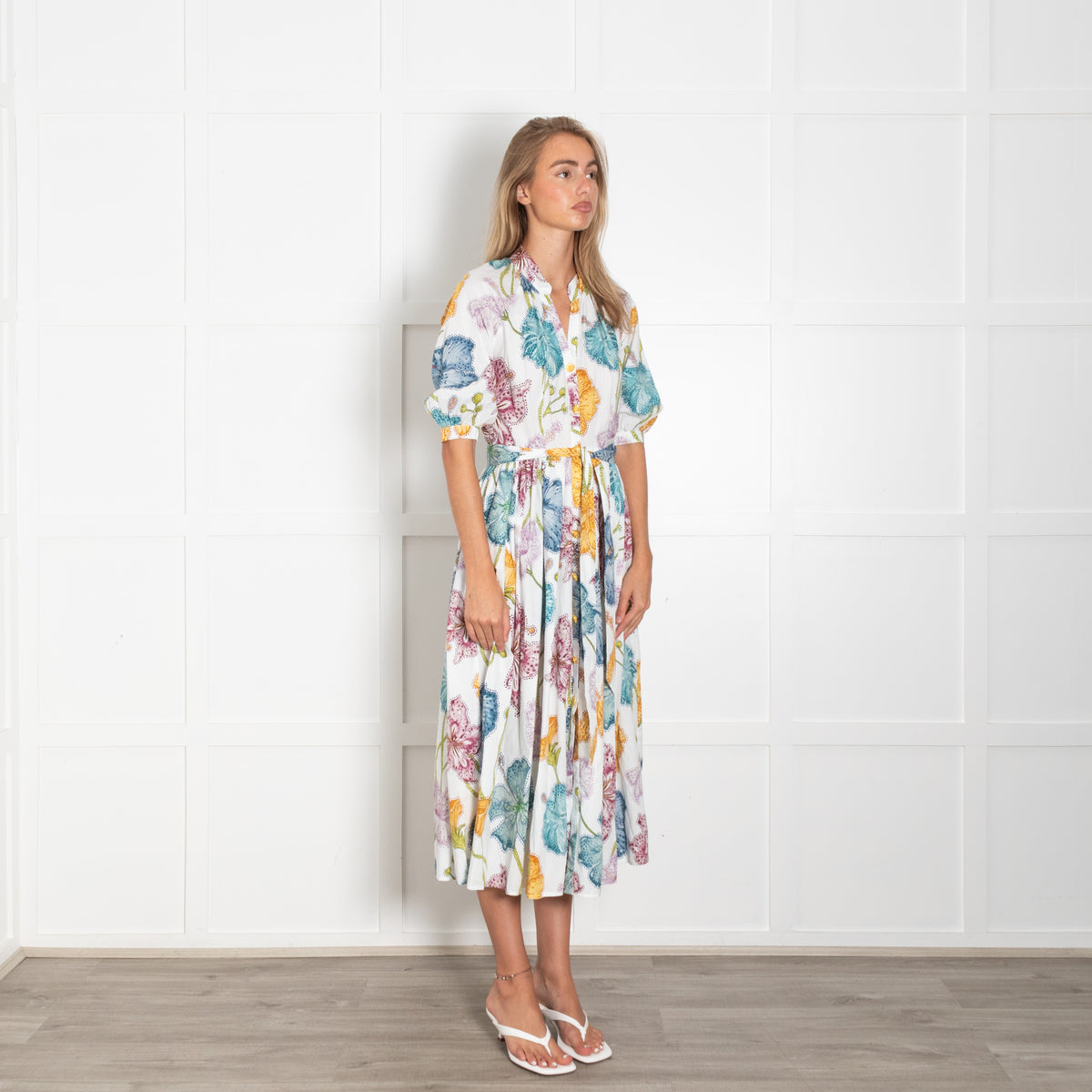 Hayley Menzies White Blue Green Yellow Gold Daisy Button Belted Maxi Dress