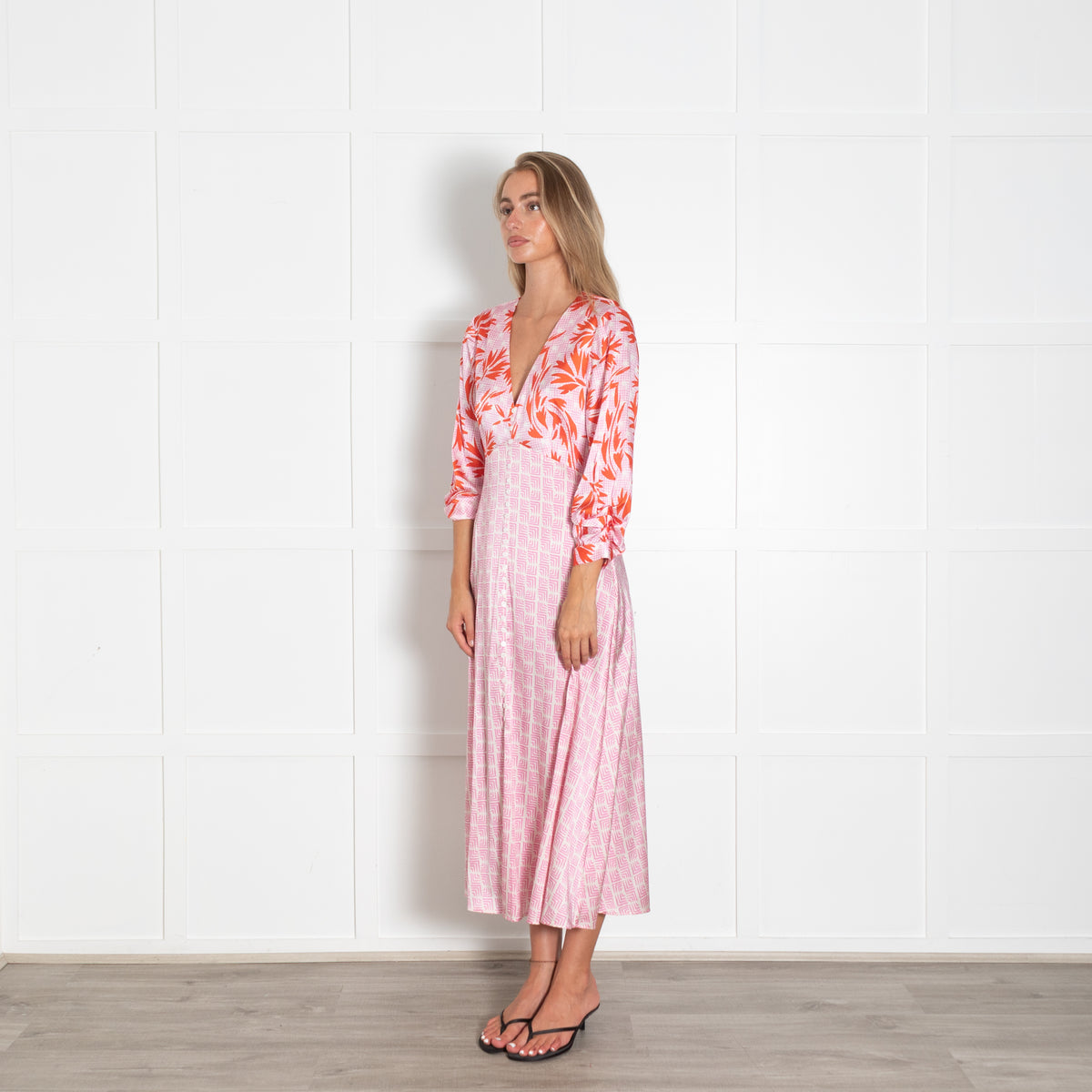 Jessica Russell Flint Pink Multi Print Button Front Silk V Neck Maxi Dress