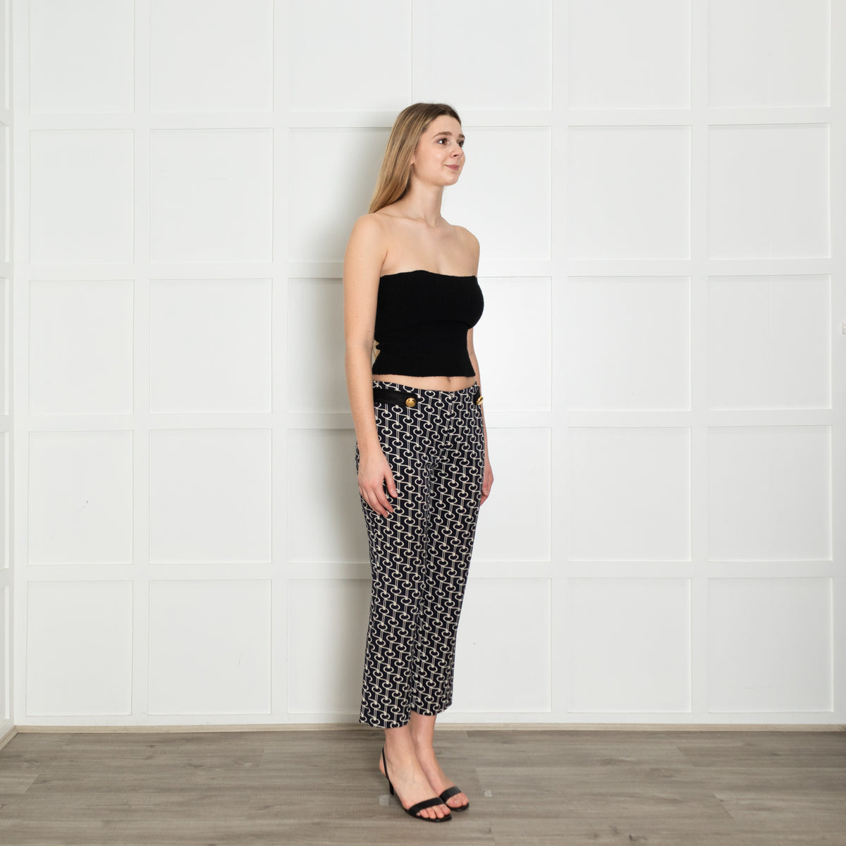 Prada Navy White Print Gold Button Wool Blend Trousers