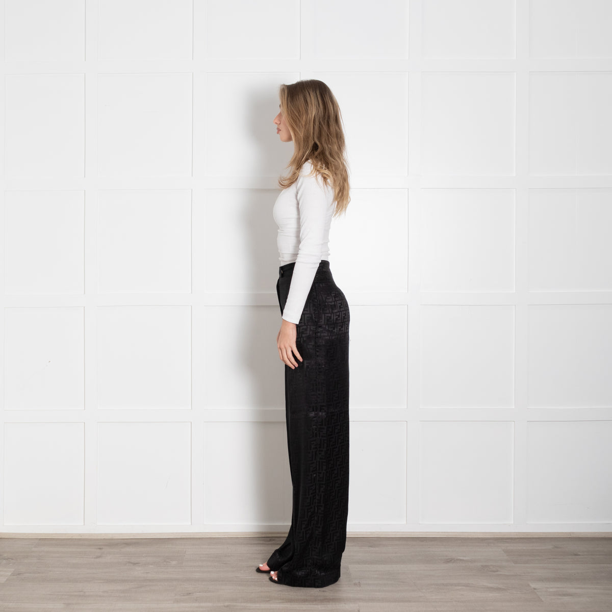Fendi Black Silk Self Logo Wide Leg Trousers