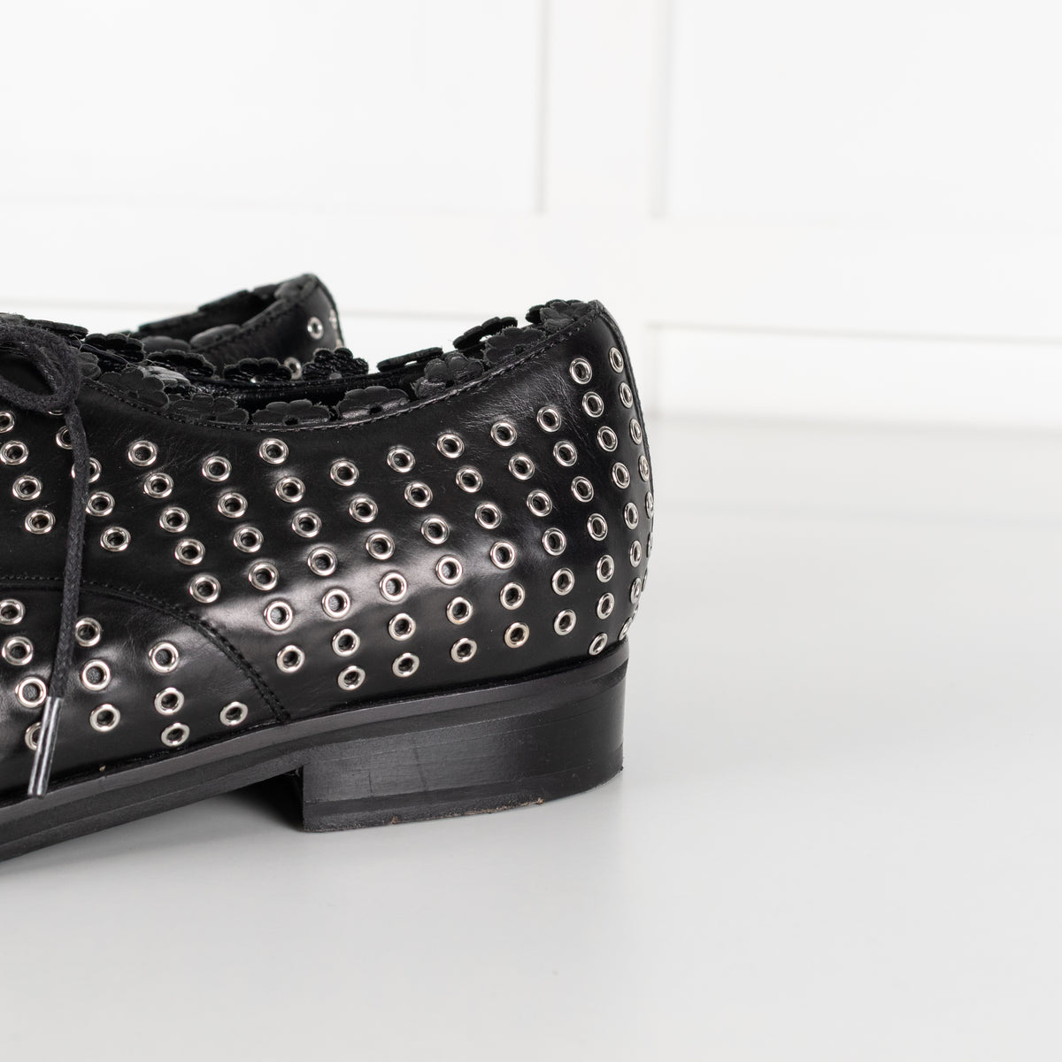 Alaia Black Leather Silver Eyelet Lace Up Shoes