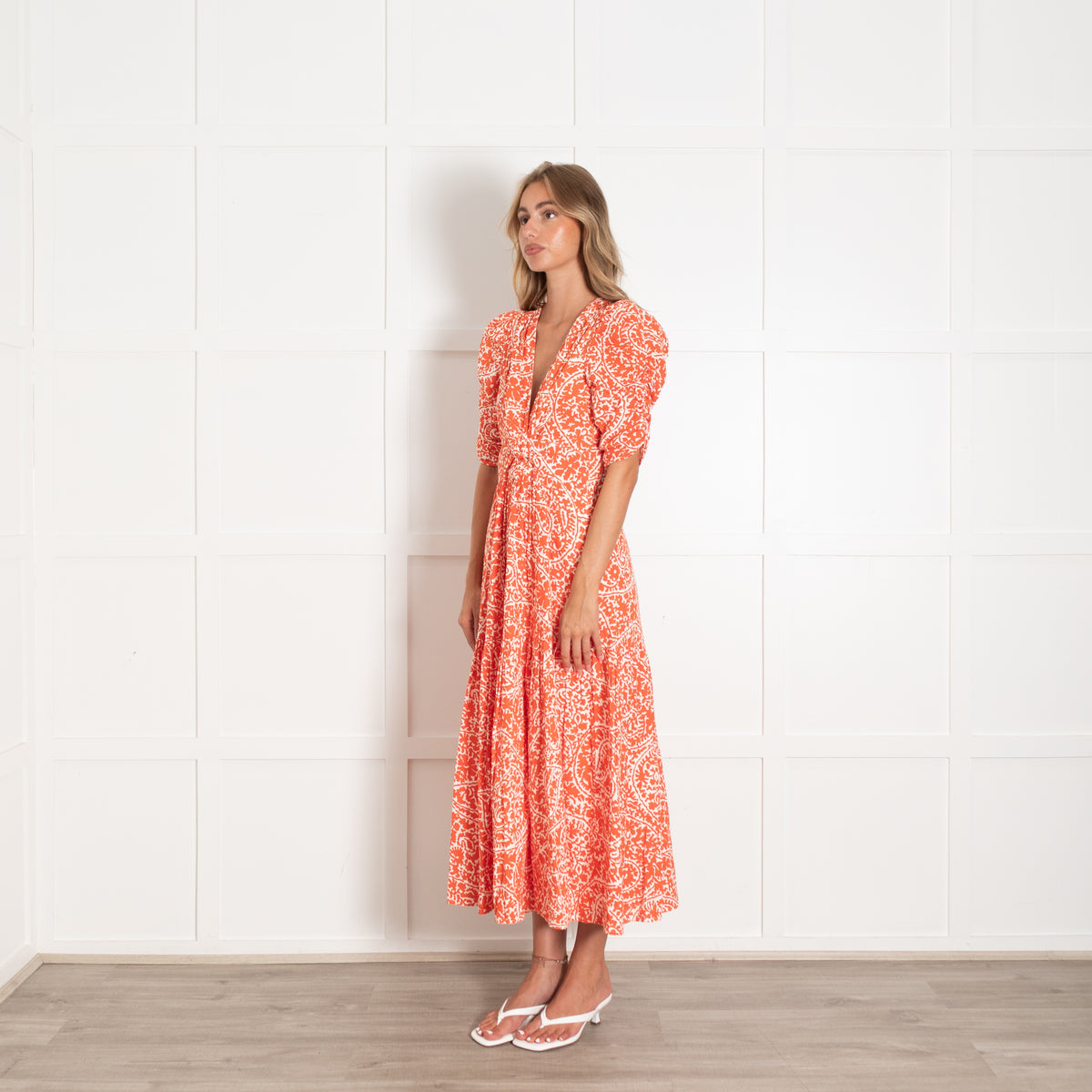 Me + Em Orange And White Midi Dress