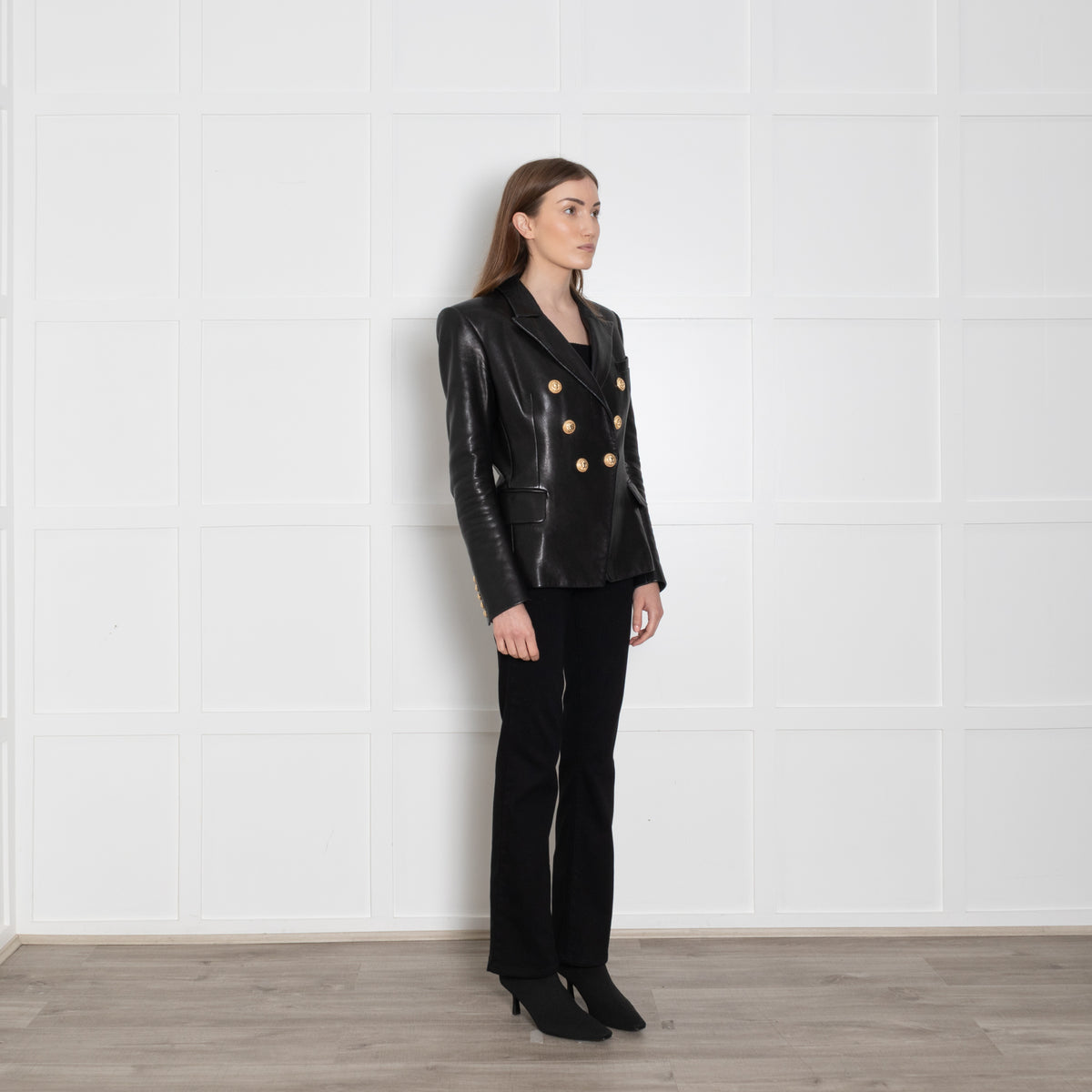 Balmain Black Leather Double Breasted Blazer