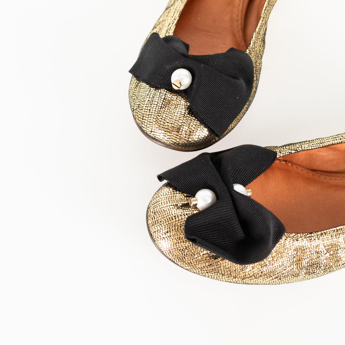 Lanvin Gold Faux Pearl Bow Flat Pumps